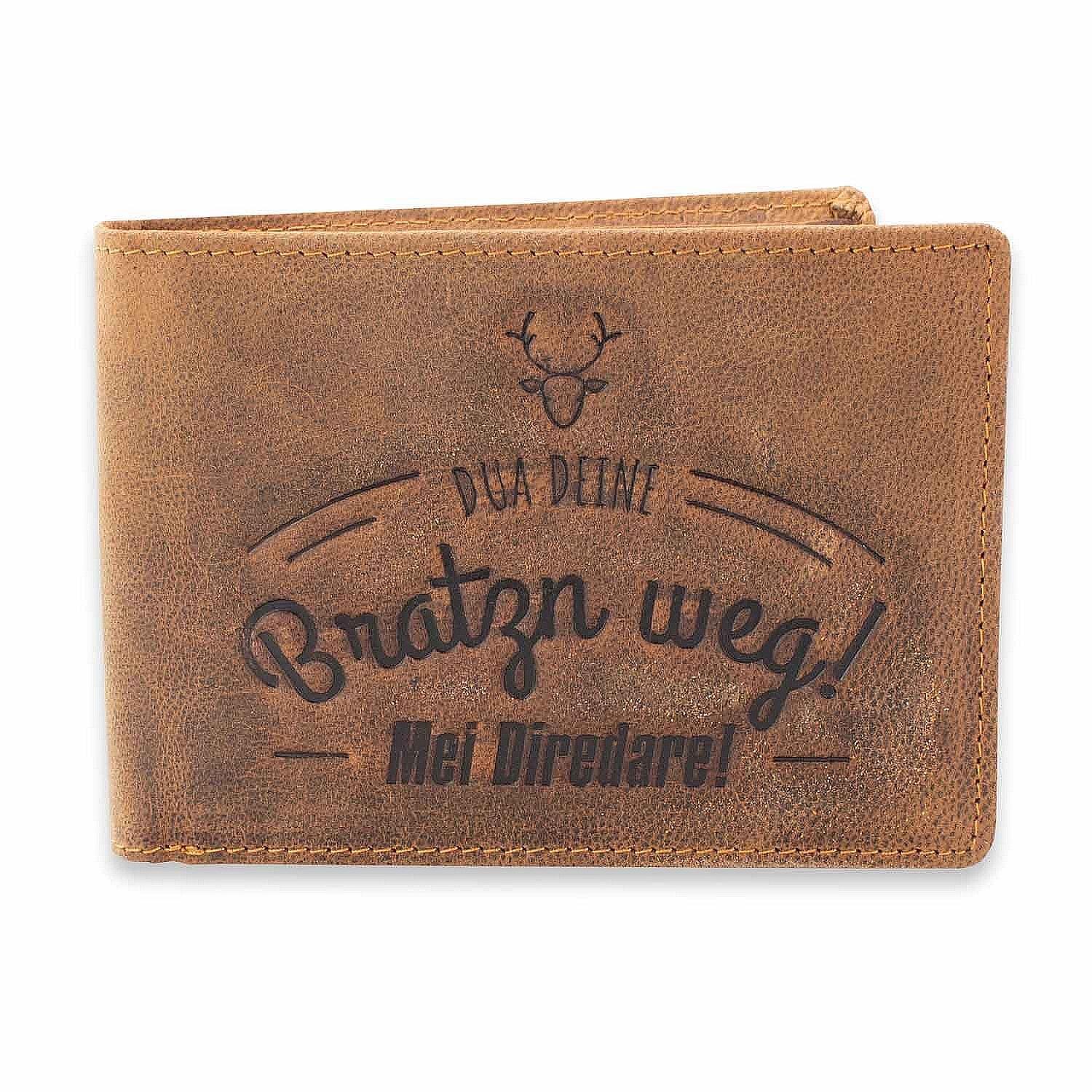 Braune Leder-Geldbörse aus Echtleder mit Prägedruck „Bratzn weg! Mei Diredare!“, rechteckig, ca. 13 x 10 cm.