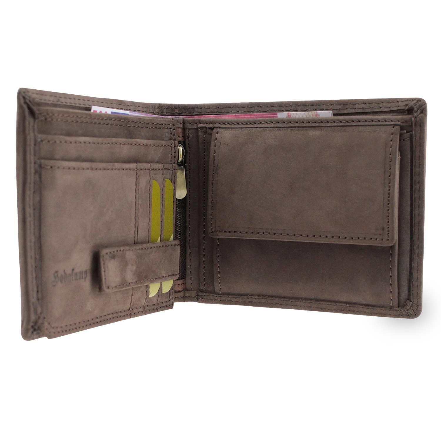 Brauner Leder-Geldbeutel in Querformat mit Aufdruck „Hodalump Bayern“, doppelt genäht, handgefertigt.