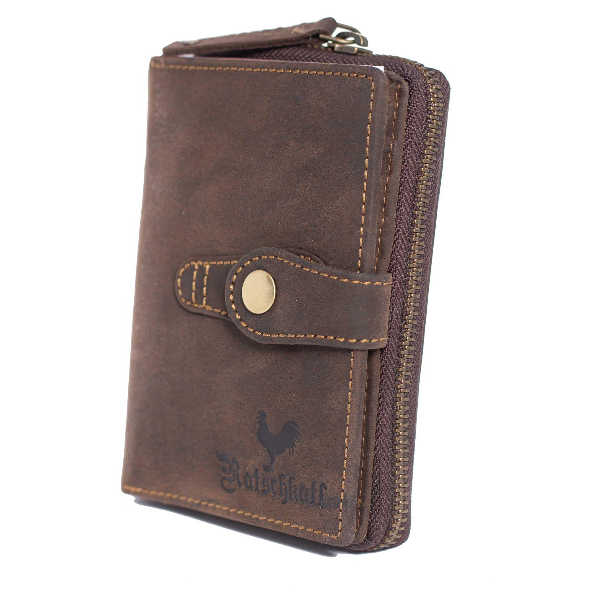 Brauner Leder-Geldbeutel mit geprägtem Schriftzug „Ratschkatl“, Klappform, sauber vernäht, hochwertige Verarbeitung.