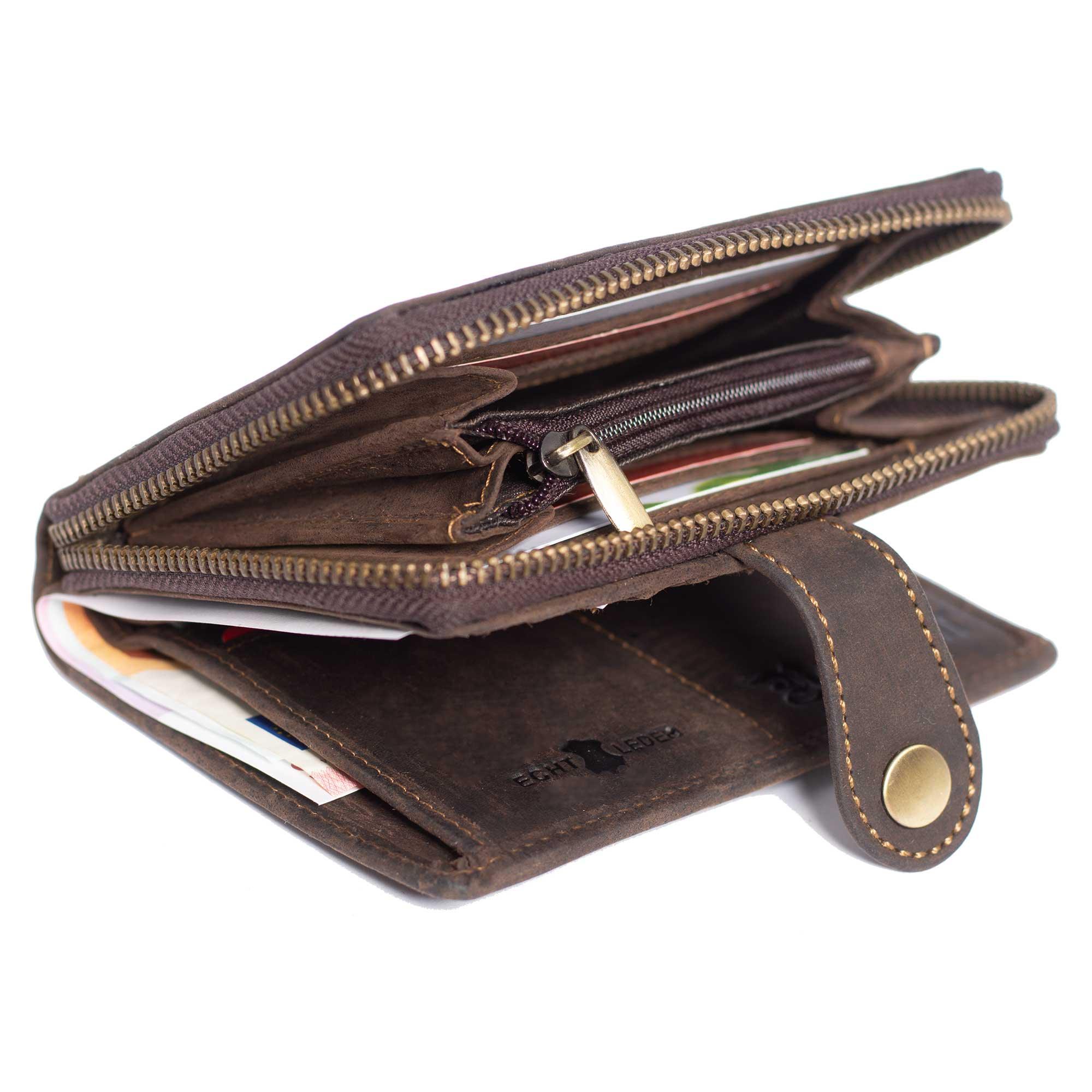 Brauner Geldbeutel aus echtem Leder mit rustikalem Hirschmotiv und Schriftzug „Ratschkatl“ auf der Vorderseite.