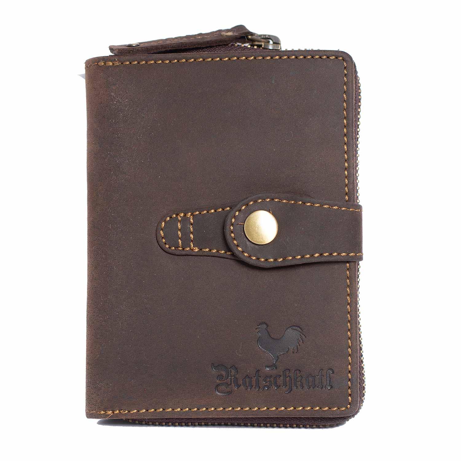 Brauner Leder-Geldbeutel mit geprägtem Schriftzug „Ratschkatl“ und Ziernähten, hochwertig verarbeitet.