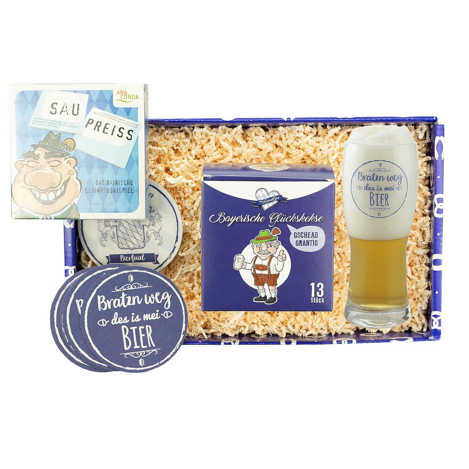 Bayerische Geschenkbox mit Glas „Bratzn weg“, Grantler-Glückskeks, 20 Bierfilzen und Memo-Spiel „Saupreiss“, bunt.