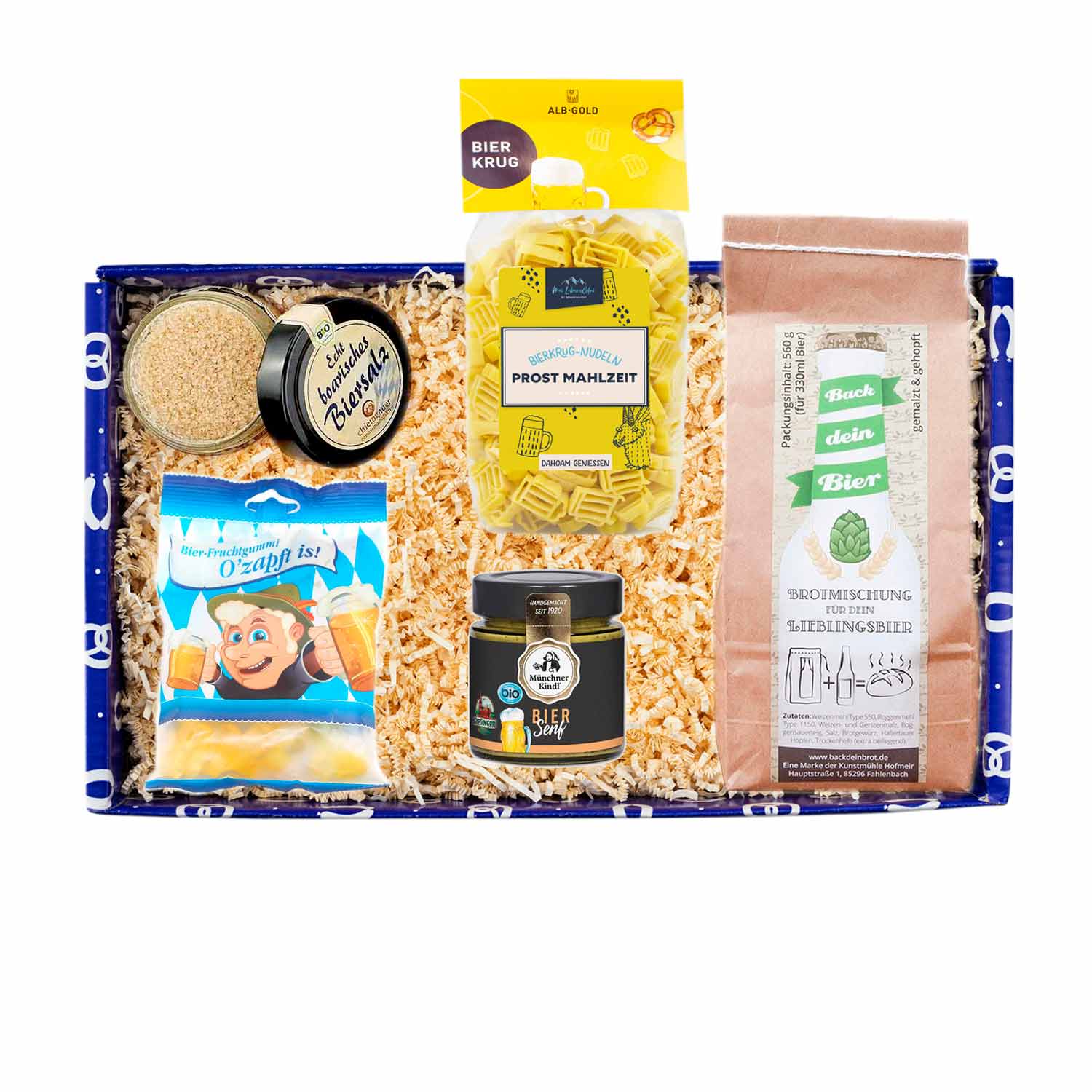 Geschenkbox mit Maßkrug-Nudeln, Biersalz, Biersenf und Brotbackmischung, in Wellpappkarton, rechteckig, naturbraun.