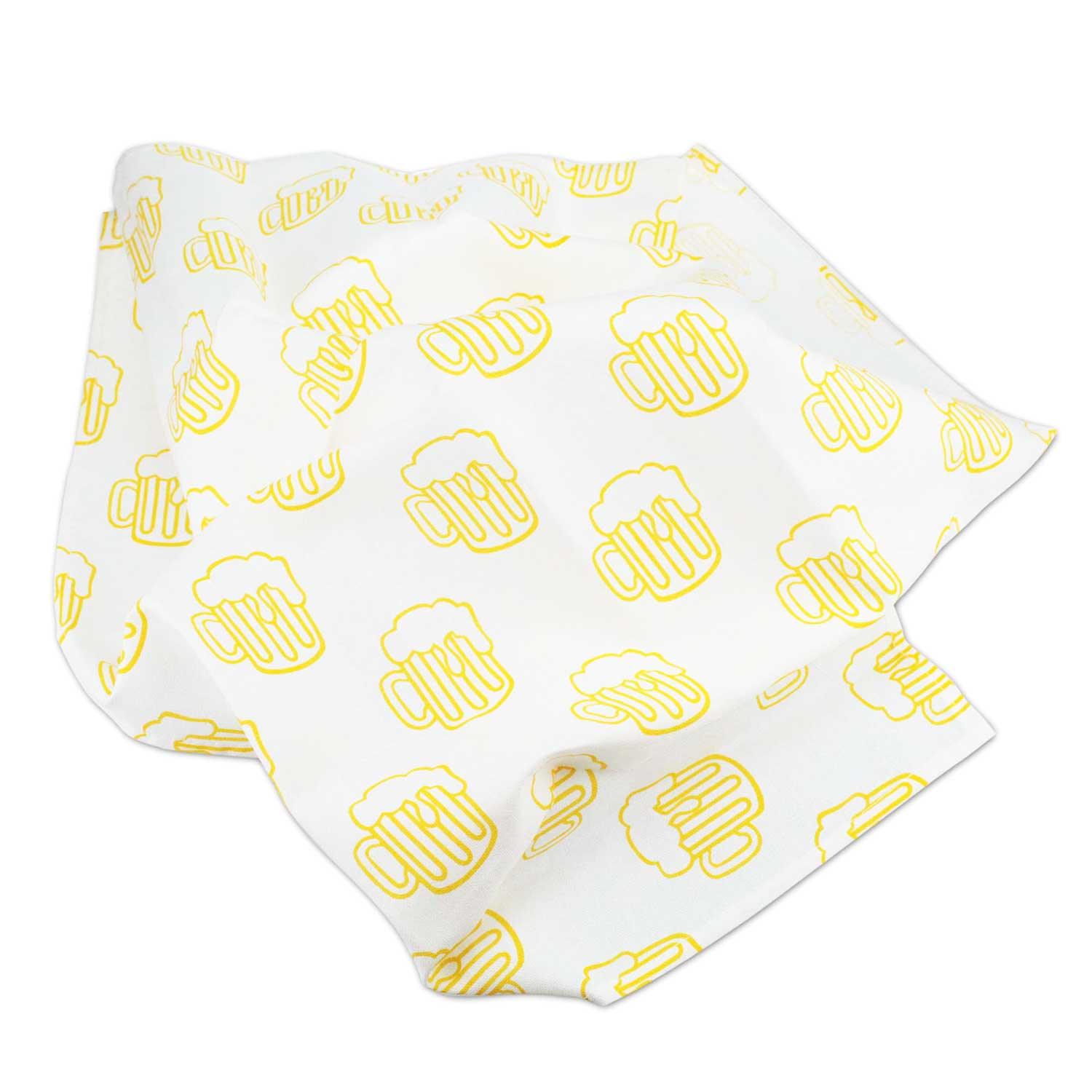 Geschirrtuch mit blauer Maßkrug-Illustration und bayerischem Schriftzug auf hellem Baumwollstoff, 77 x 47 cm.