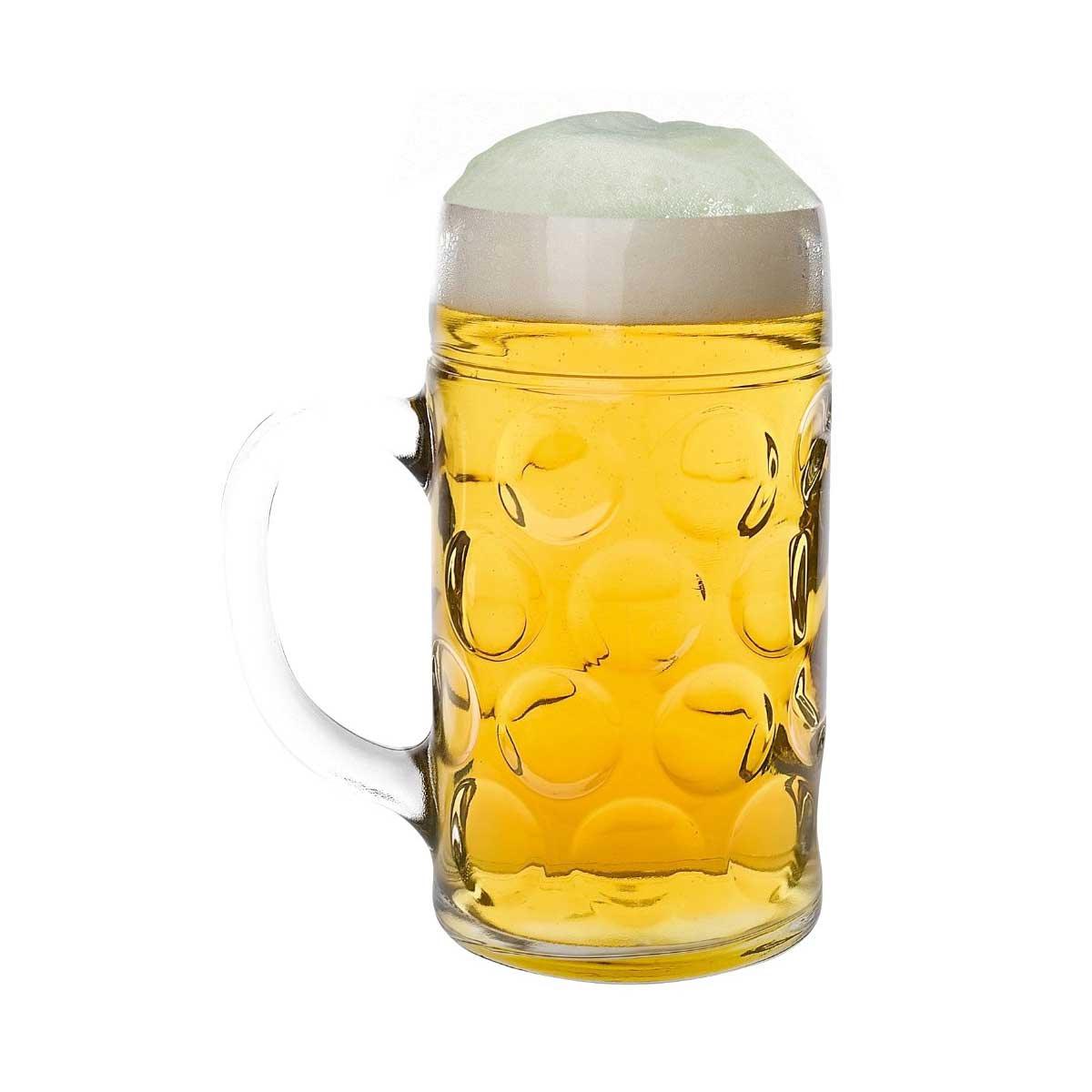Klarer Glas-Maßkrug mit breitem Henkel und graviertem Schriftzug-Logo auf der Vorderseite, Fassungsvermögen 1,0 Liter.