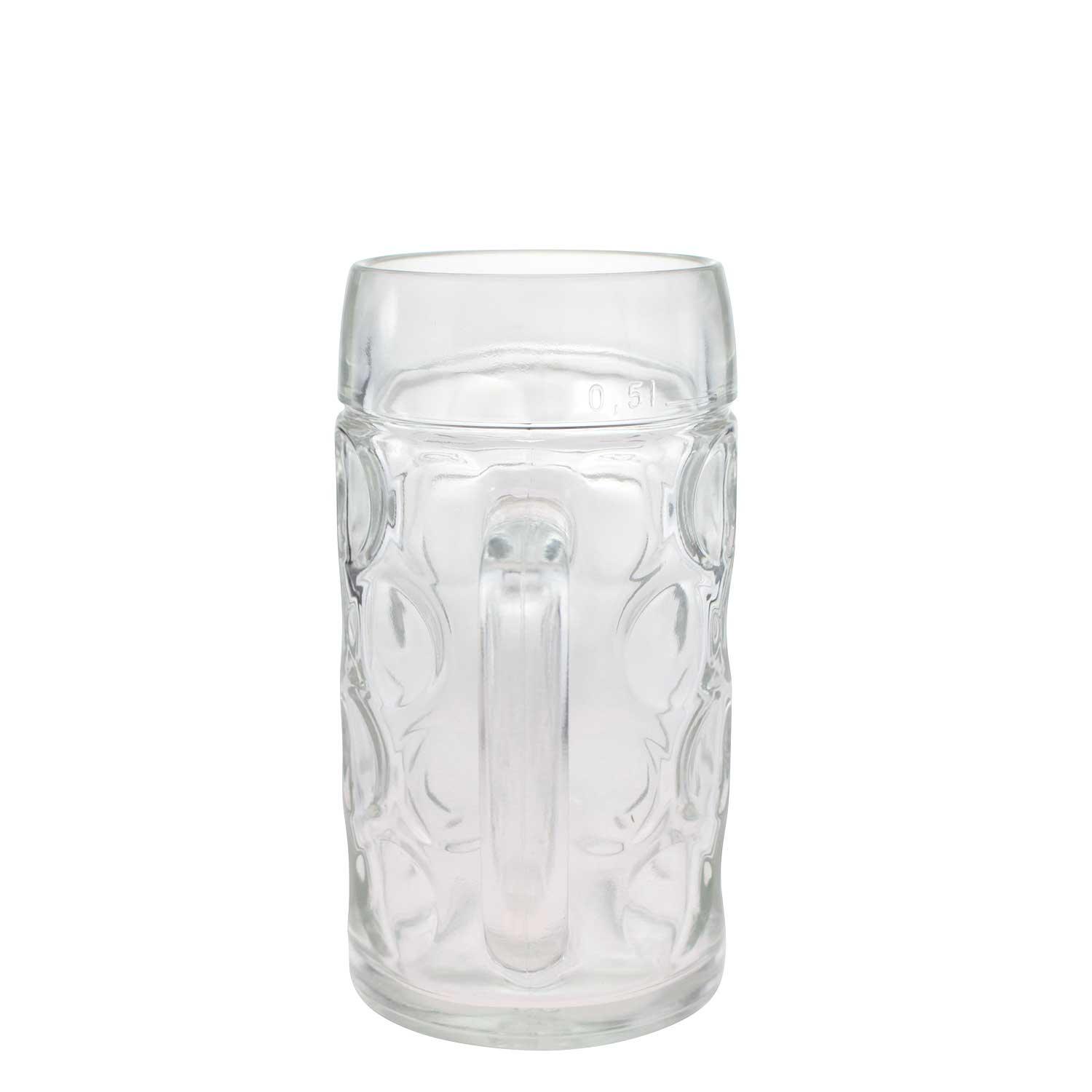 Klarer Bierkrug aus Glas mit graviertem Logo, zylindrischer Form und stabilem Henkel, Fassungsvermögen 0,5 Liter.