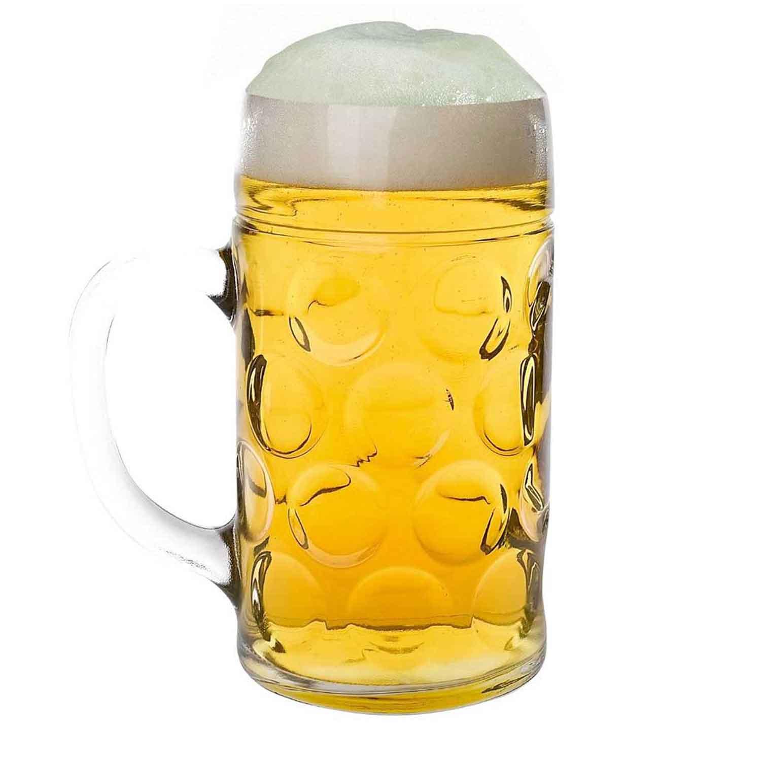 Klarer Maßkrug aus Glas mit traditionellem Rautenmuster und eingeprägtem Schriftzug, Füllmenge 1,0 Liter.