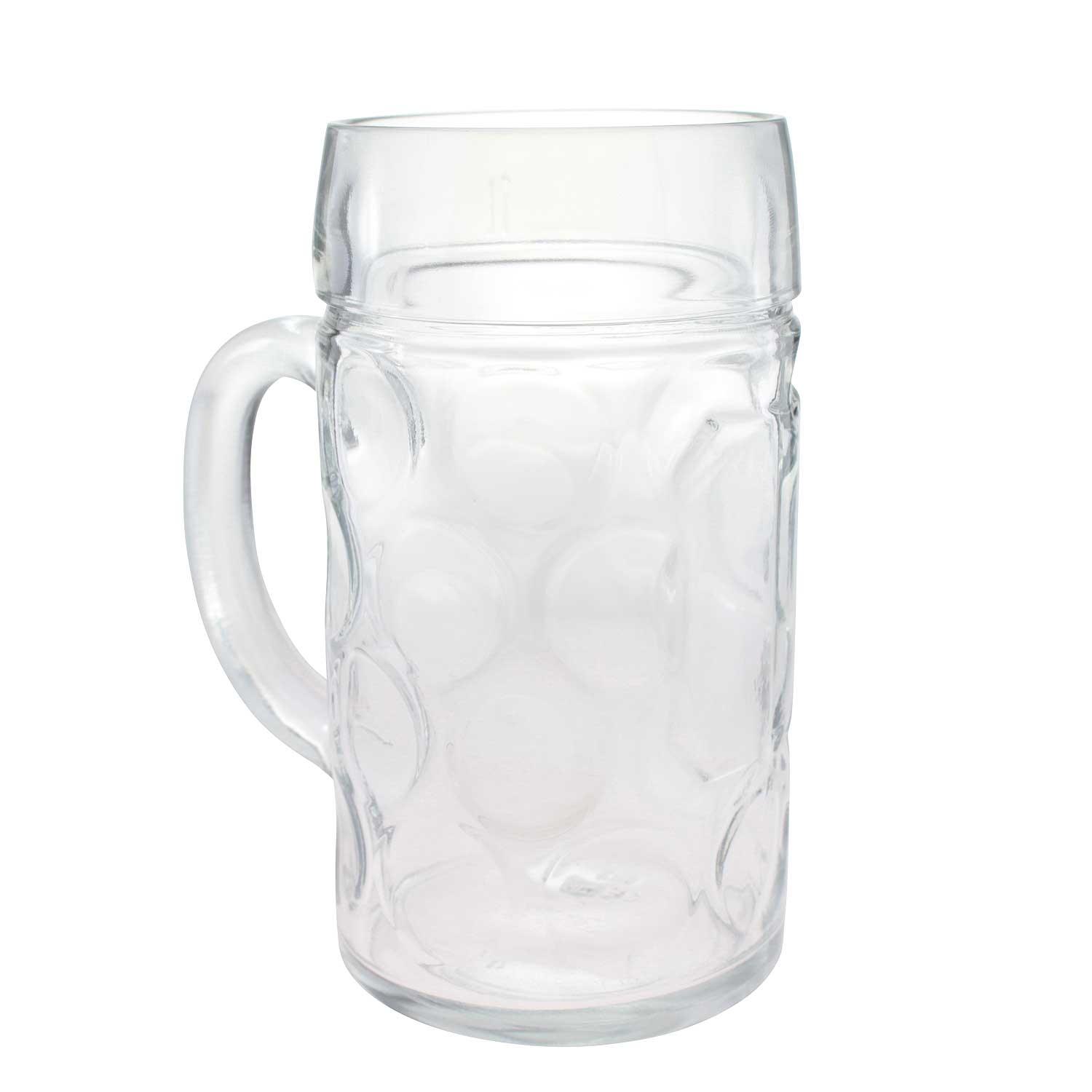 Klarer, bauchiger Maßkrug aus transparentem Glas mit Rautenmuster und großer Gravurfläche, 1,0 Liter.