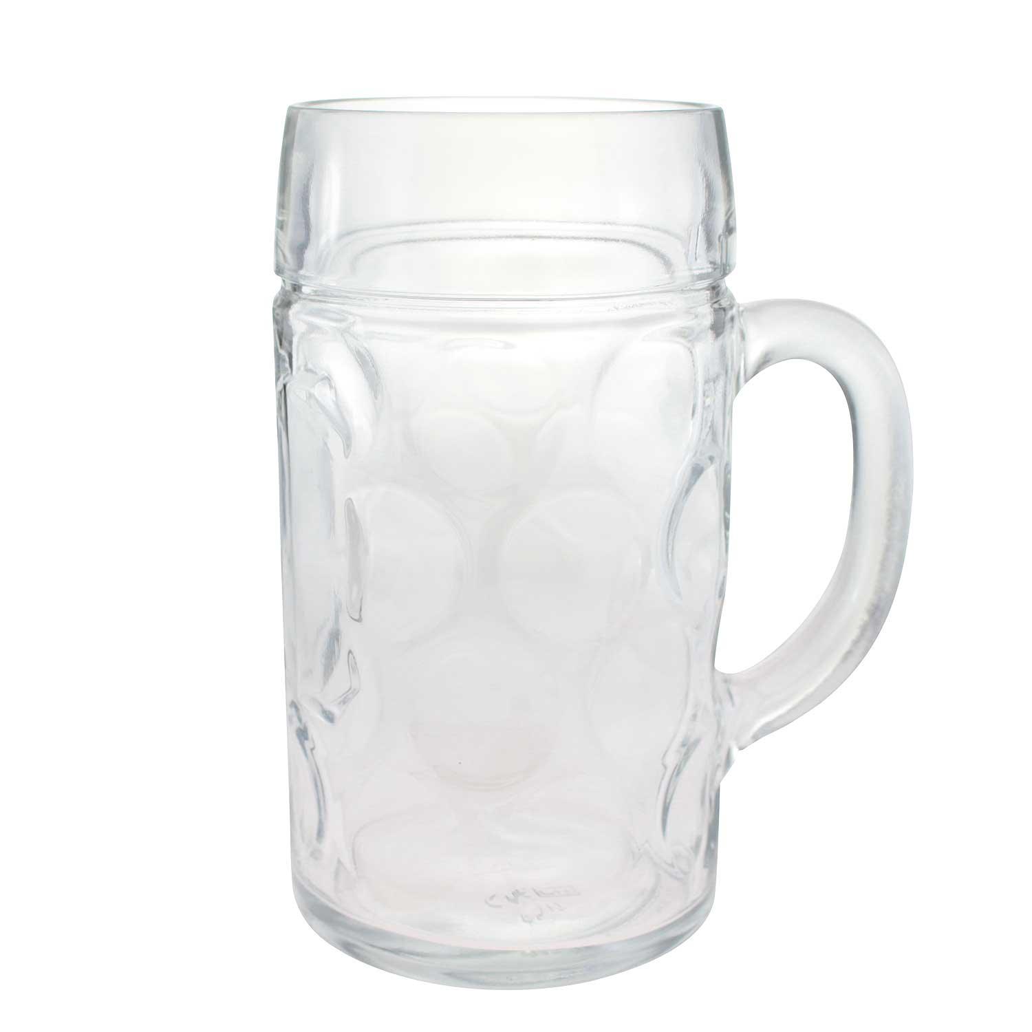 Klarer, bauchiger Bierkrug aus transparentem Glas mit Rautenmuster und großer Gravurfläche, Füllmenge 1,0 Liter.