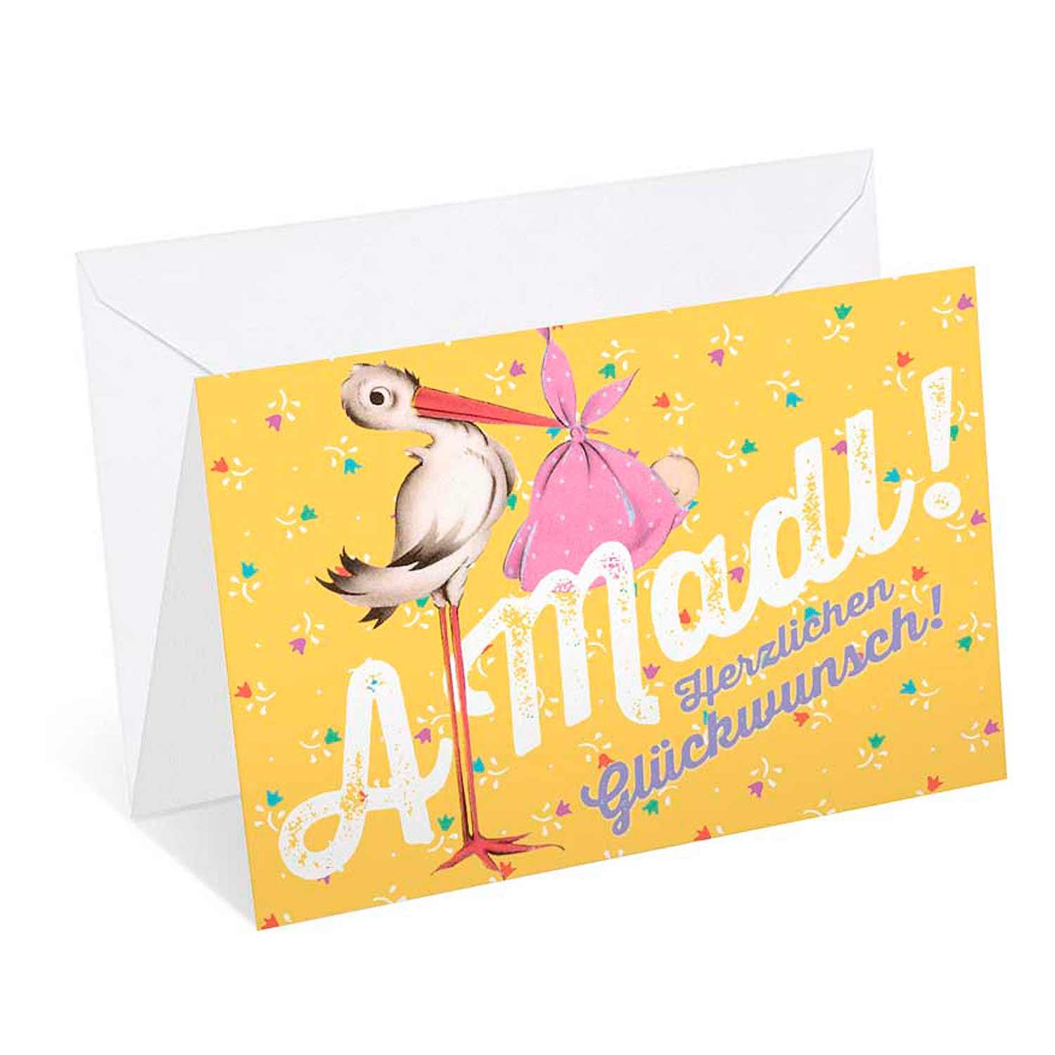 Glückwunschkarte zur Geburt mit rosa Herz-Motiv, bayerischem Schriftzug „A Madl!“, Glittereffekt, 12 × 17,5 cm, inkl. Kuvert.