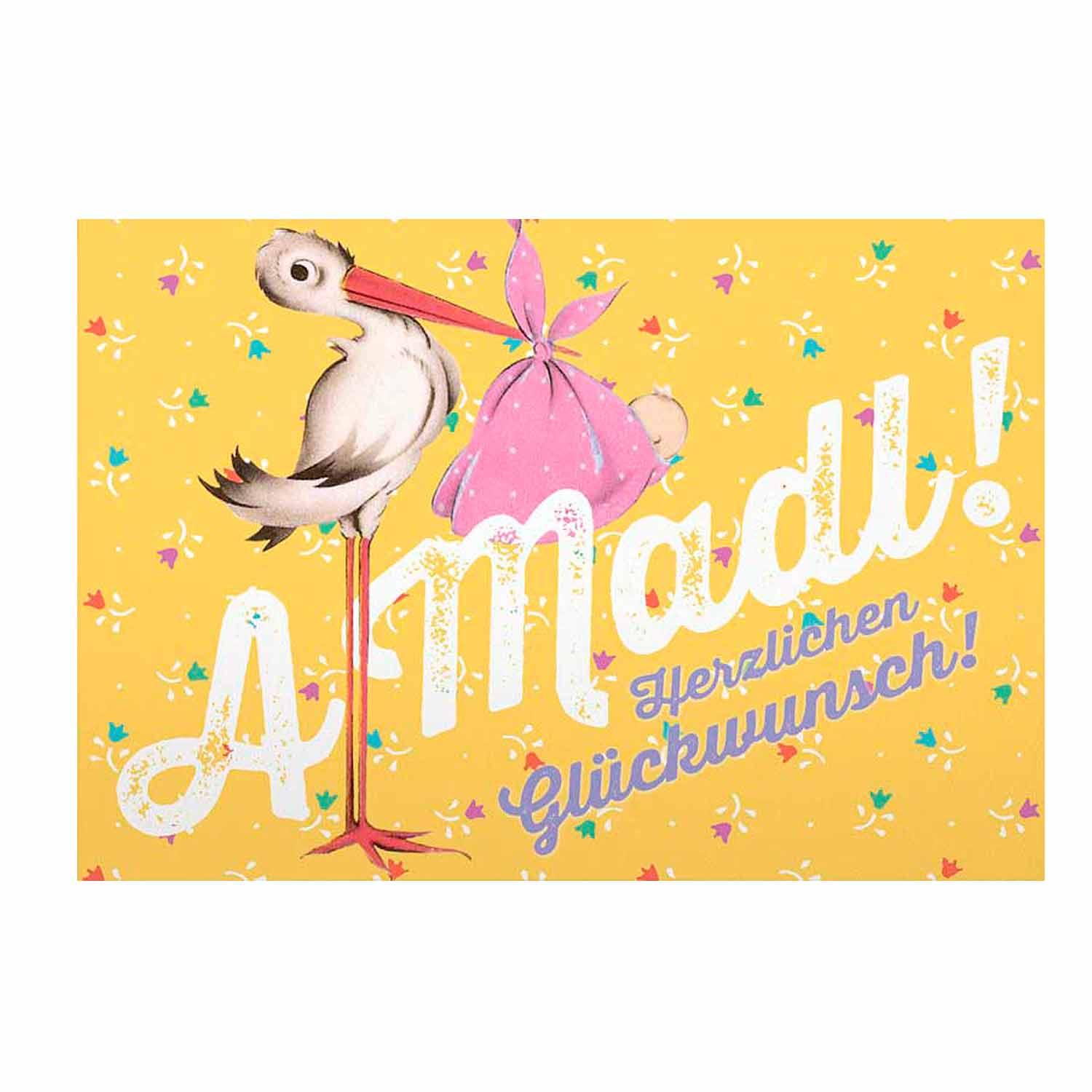 Glückwunschkarte zur Geburt mit rosa Herzen, Schriftzug „A Madl!“, Glitzereffekt, inkl. weißem Kuvert, 12 x 17,5 cm.