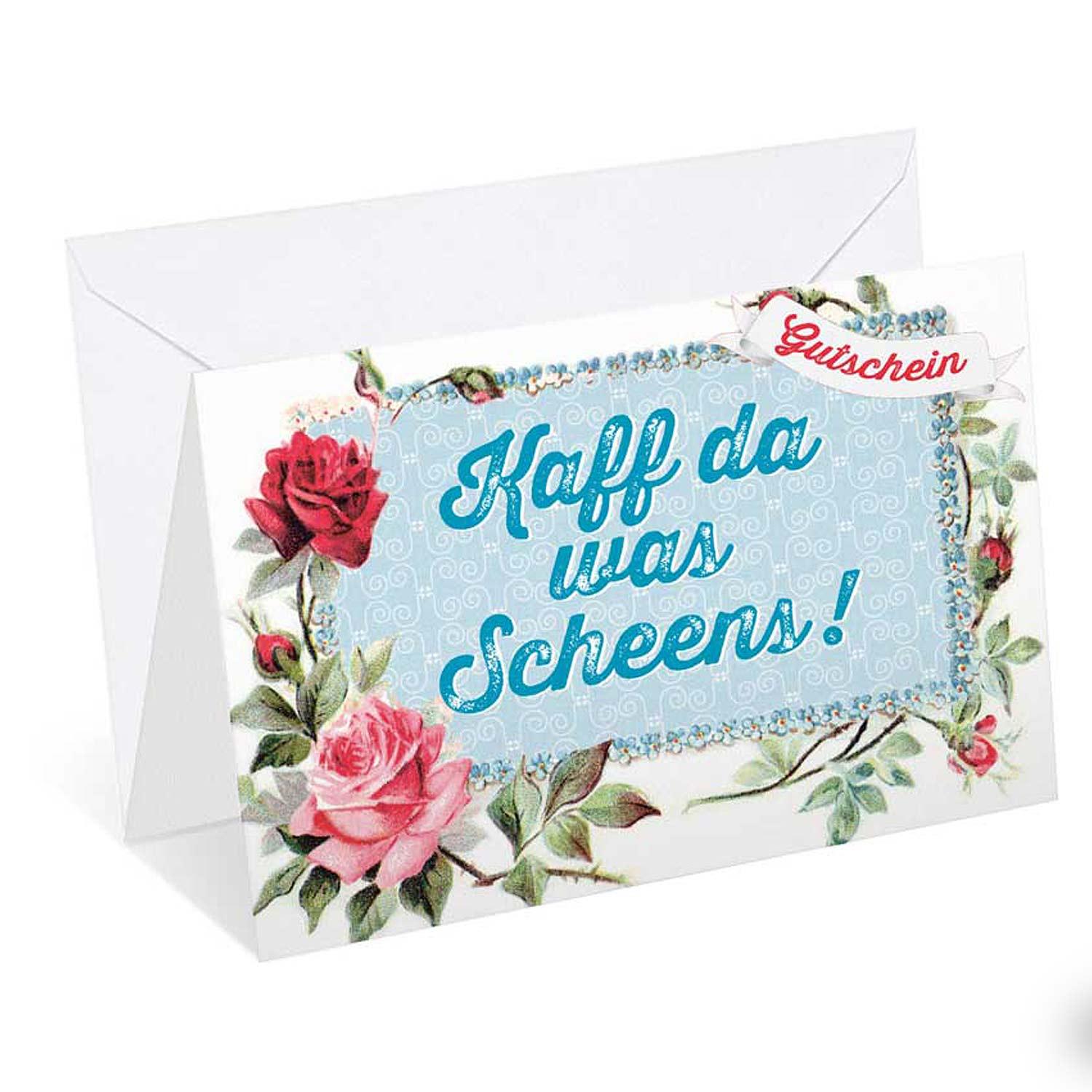 Glückwunschkarte mit braunem Geldschein-Motiv, goldfarbenem Glitter-Schriftzug „Kaff da was Scheens!“, inkl. weißem Kuvert, 12 x 17,5 cm.