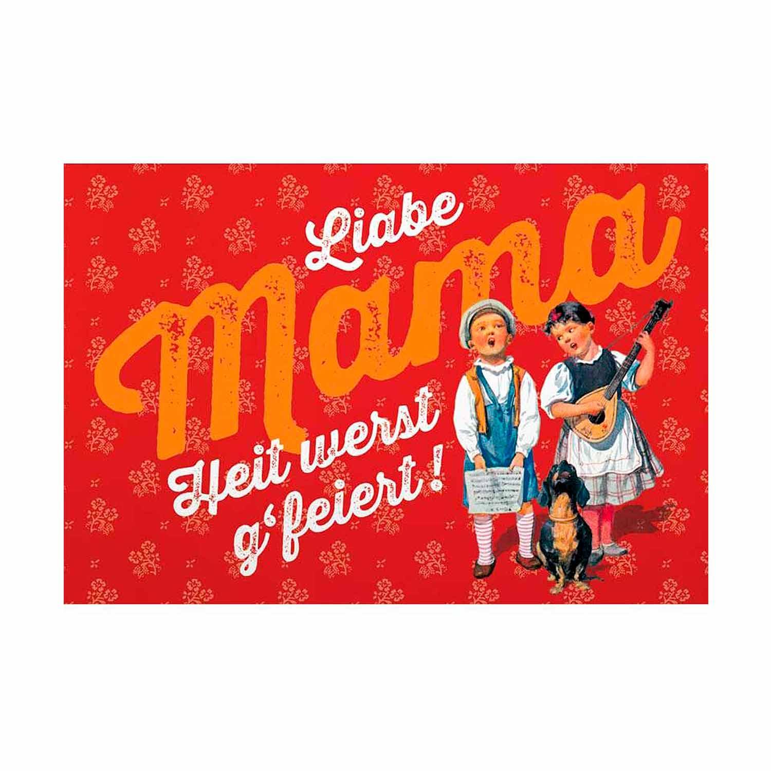 Klappkarte mit pink-goldenem Schriftzug „Liabe Mama“, veredelt mit Glitter, inkl. weißem Kuvert, 12 x 17,5 cm.