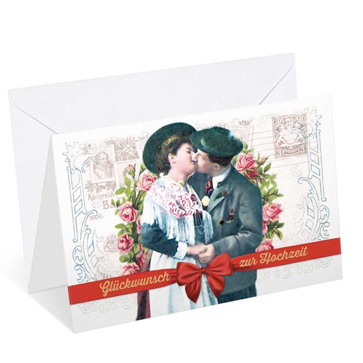 Glückwunschkarte zur Hochzeit als Doppelkarte mit Schleifenmotiv und Glitzerelementen, inkl. weißem Kuvert, 12 × 17,5 cm.