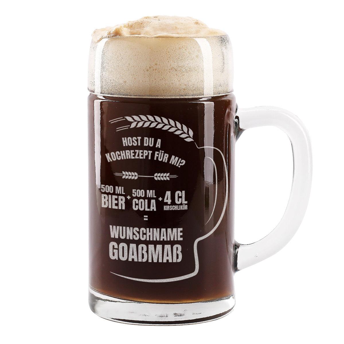 Glas-Krug mit Gravur "Goaßmaß" und Wunschname, klar, zylindrisch, 1 Liter Fassungsvermögen, inklusive Rezept.