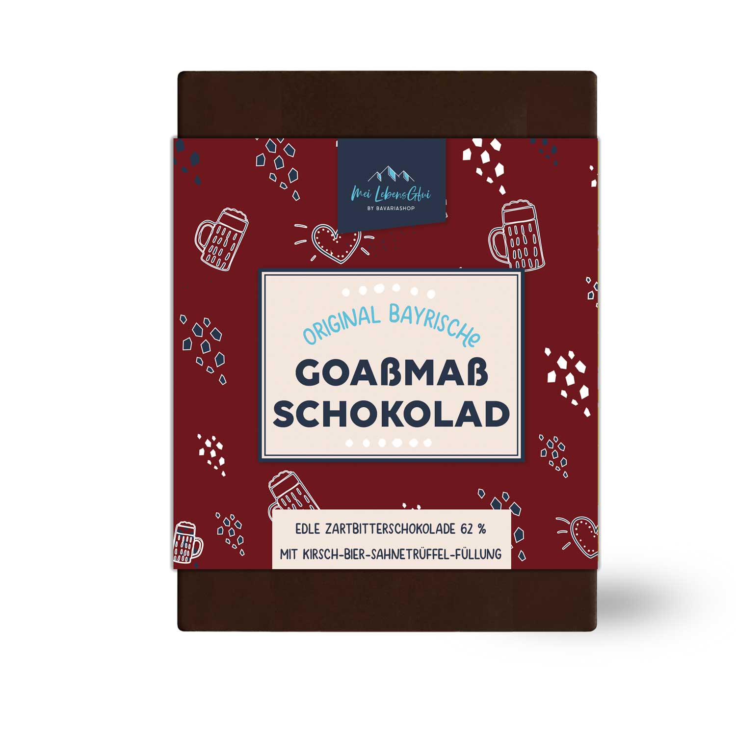 Goaßmaß-Schokolade in rechteckiger Form mit detailreicher Bierglas-Prägung und matter Schokoladenoptik.