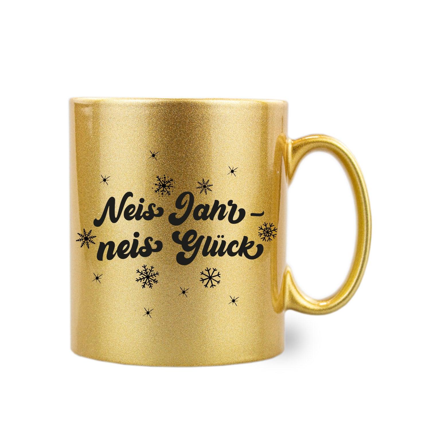Gold-glitzernde Tasse mit schwarzem Schriftzug „Neis Jahr – neis Glück“ in geschwungener Schrift, 300 ml, Thermotransferdruck.