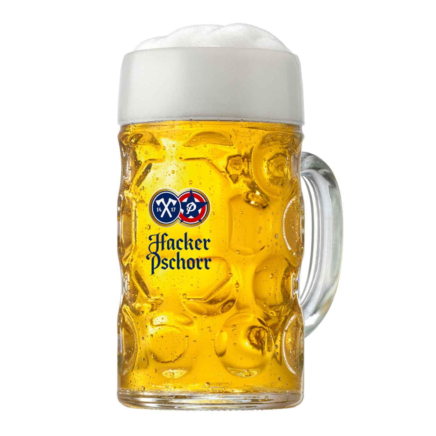 Glas-Maßkrug mit Henkel, klarem Glas, goldblauem Schriftzug „Hacker-Pschorr“ und Oktoberfest-Motiv.