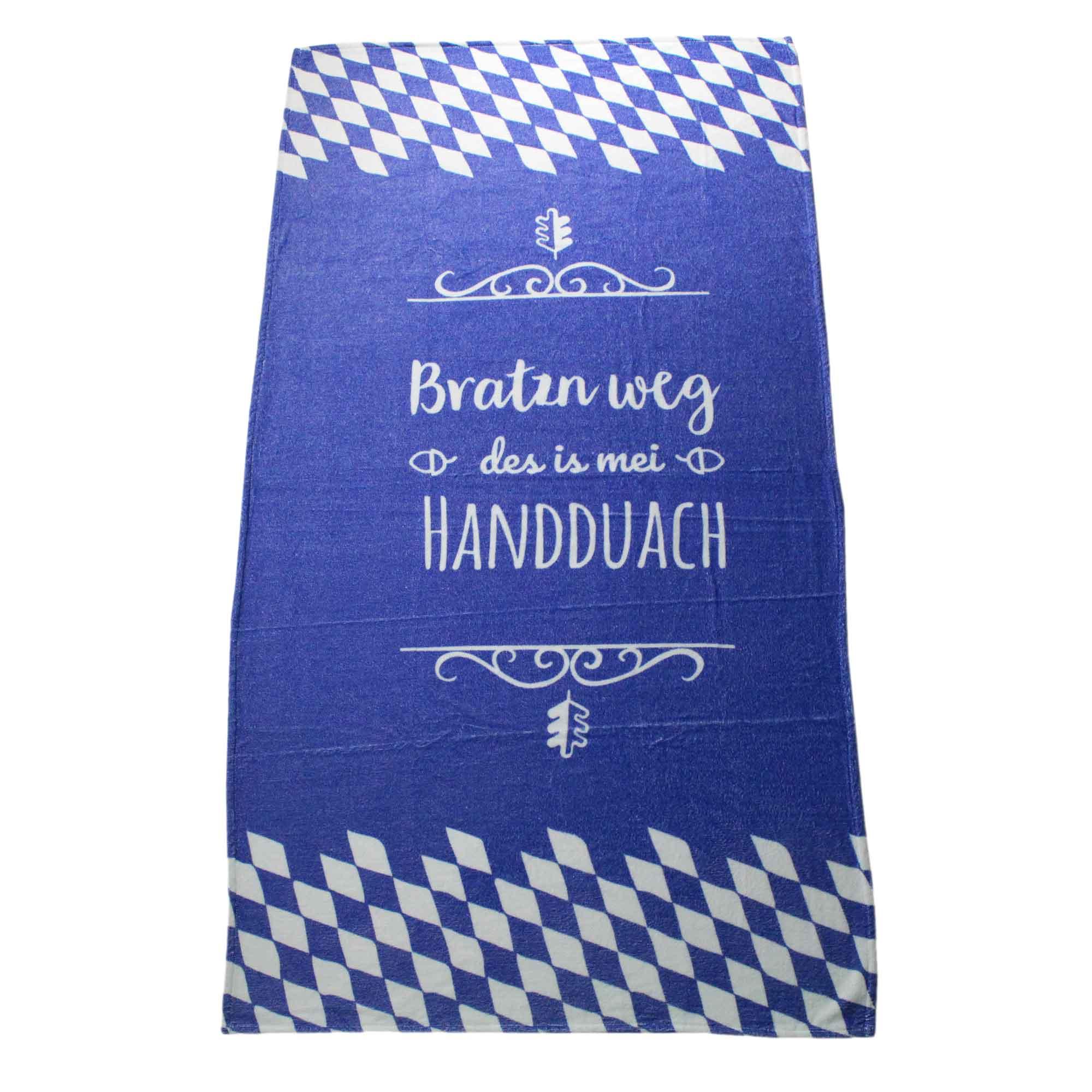 Graues Handtuch mit weißem Schriftzug „Bratzn weg“ in Handschriftoptik, rechteckig, aus weicher Baumwolle.