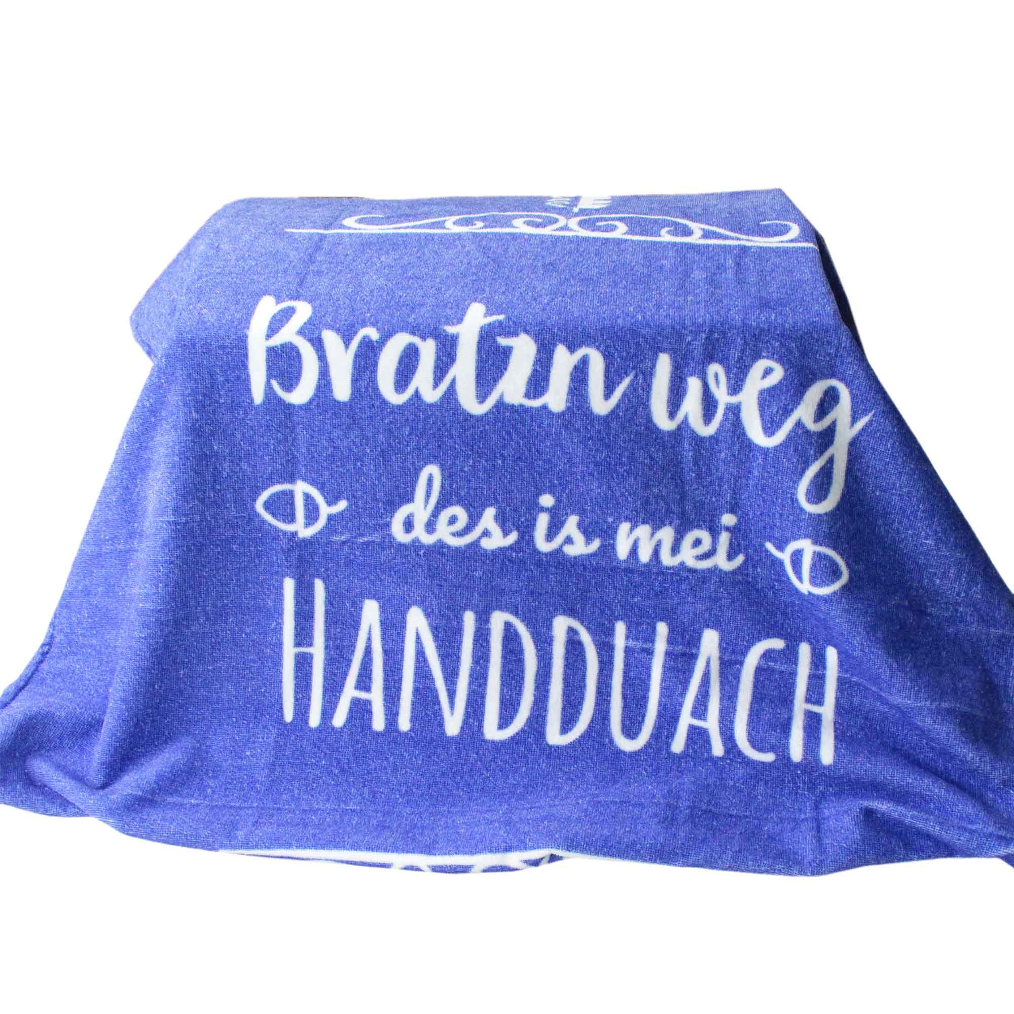 Dunkelblaues Handtuch mit weißem Schriftzug „Bratzn weg“, rechteckig, aus 100 % Baumwolle, 80 x 155 cm.