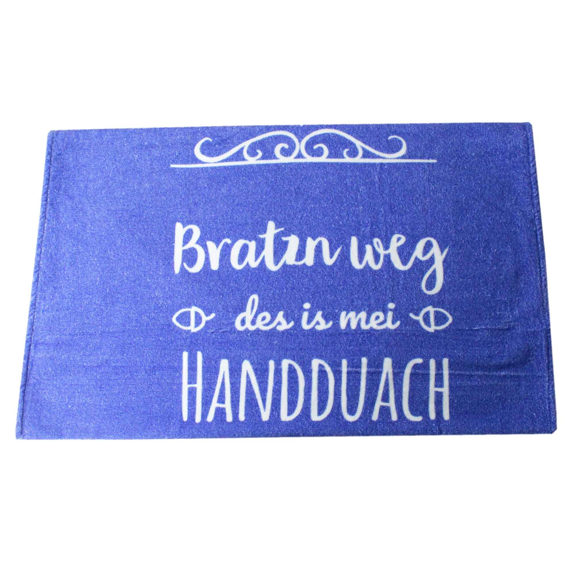 Graues Handtuch mit weißem Schriftzug „Bratzn weg“ in Druckbuchstaben, rechteckig, Baumwolle, 80 x 155 cm.