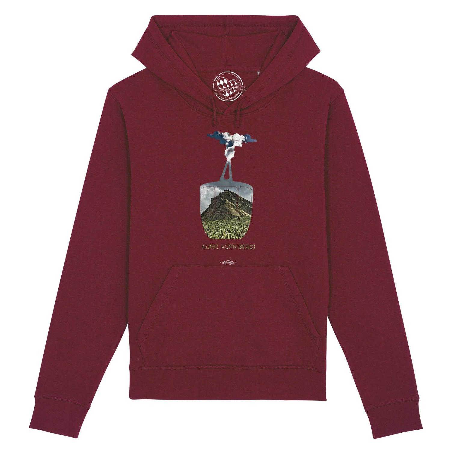 Dunkelgrauer Herren-Hoodie mit Kapuze, Frontprint „Auffi, aufn Berg!", Kängurutasche, Bio-Baumwolle-Mix.