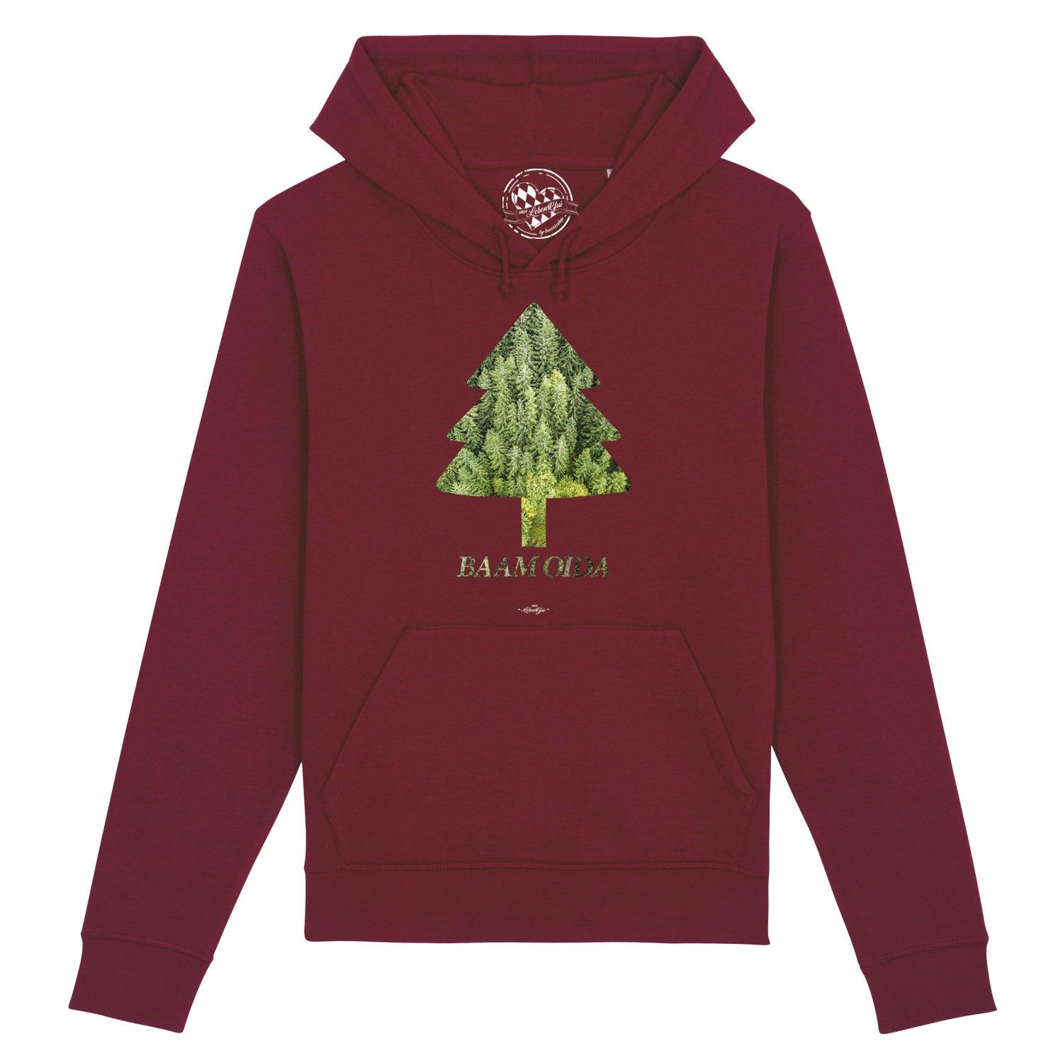 Dunkelblauer Herren Hoodie mit weißem „BAAM OIDA“-Schriftzug, Kapuze und Kängurutasche, aus Bio-Baumwolle.