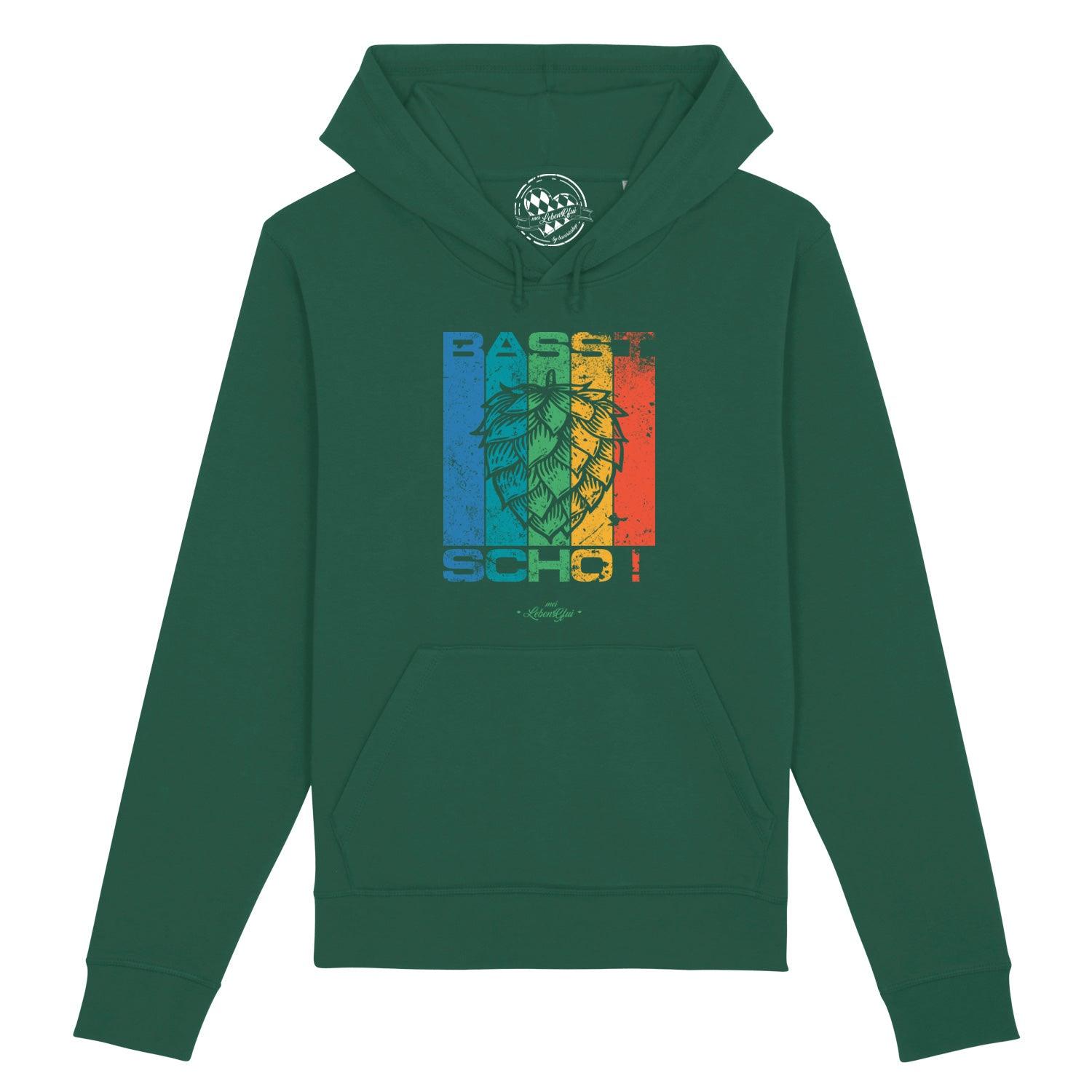 Dunkelblauer Herren-Hoodie mit weißem „Basst scho“-Schriftzug, Kapuze, Kängurutasche, Bio-Baumwollmix.