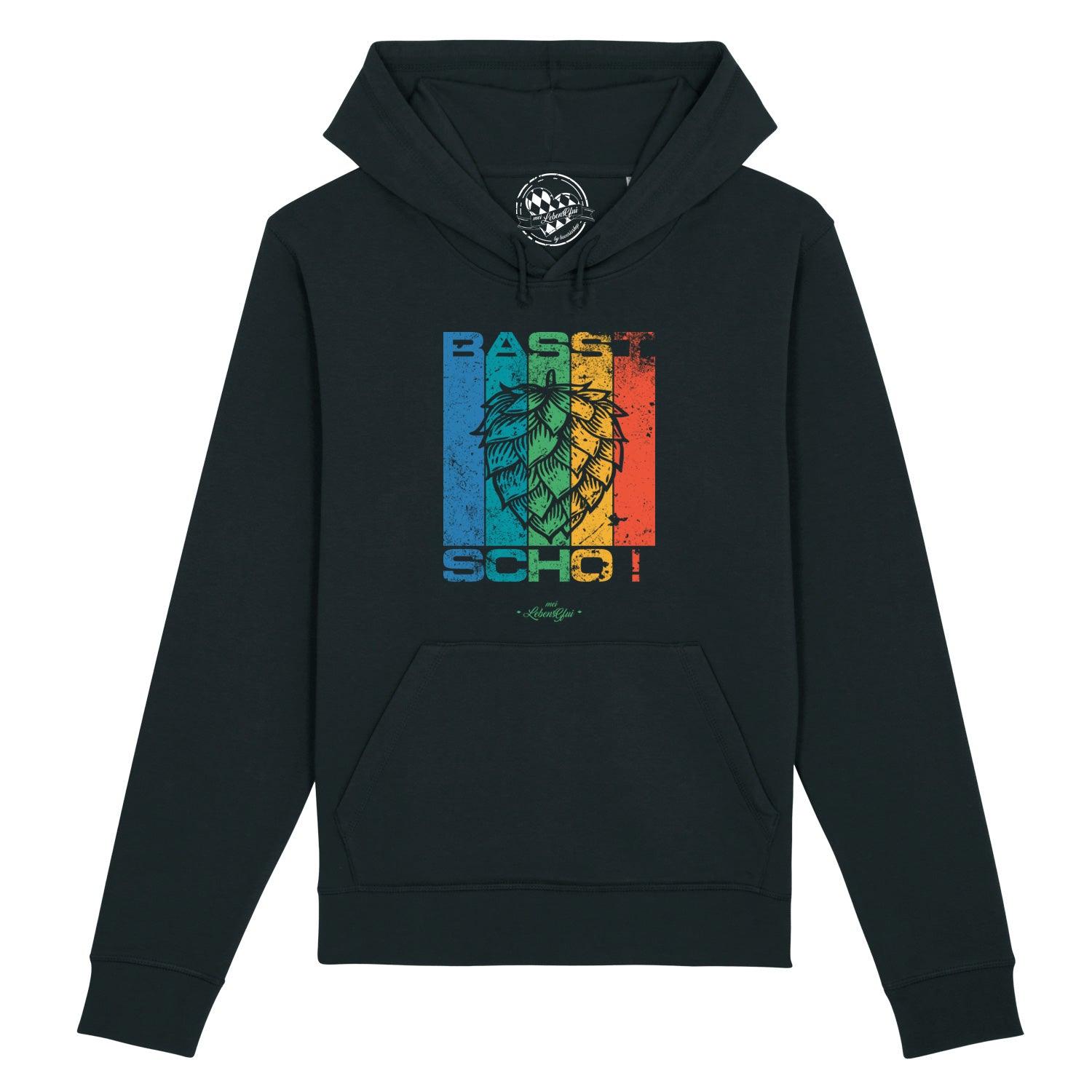 Dunkelblauer Herren-Hoodie mit weißem „Basst scho“-Schriftzug, Kapuze, Kängurutasche, Bio-Baumwollmix.
