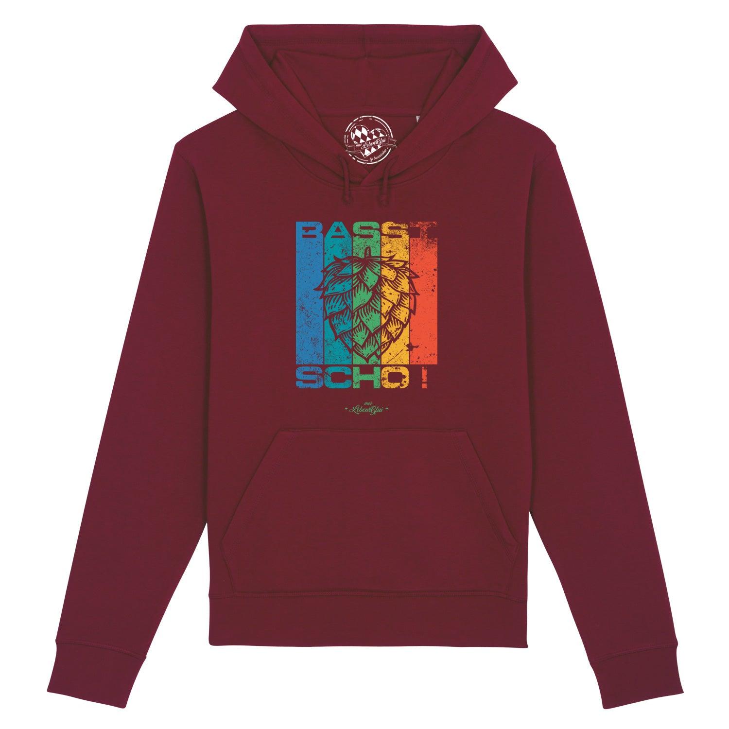 Dunkelgrauer Herren Hoodie mit weißem Frontprint „Basst scho“, Kapuze, Kängurutasche, aus Bio-Baumwolle.