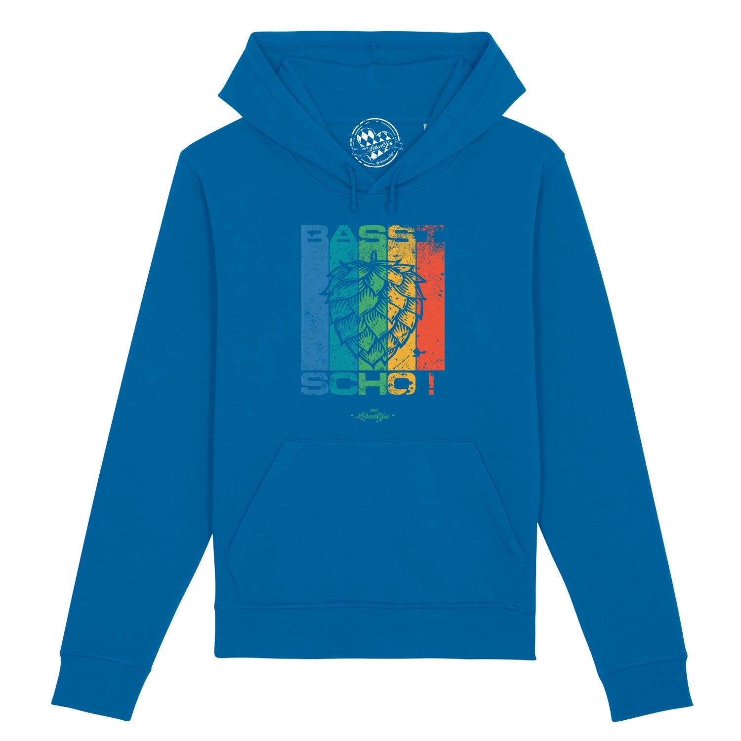 Blauer Hoodie "Basst scho" mit Hopfenmotiv am Brustbereich und Kängurutasche, lässige Kapuzenjacke.