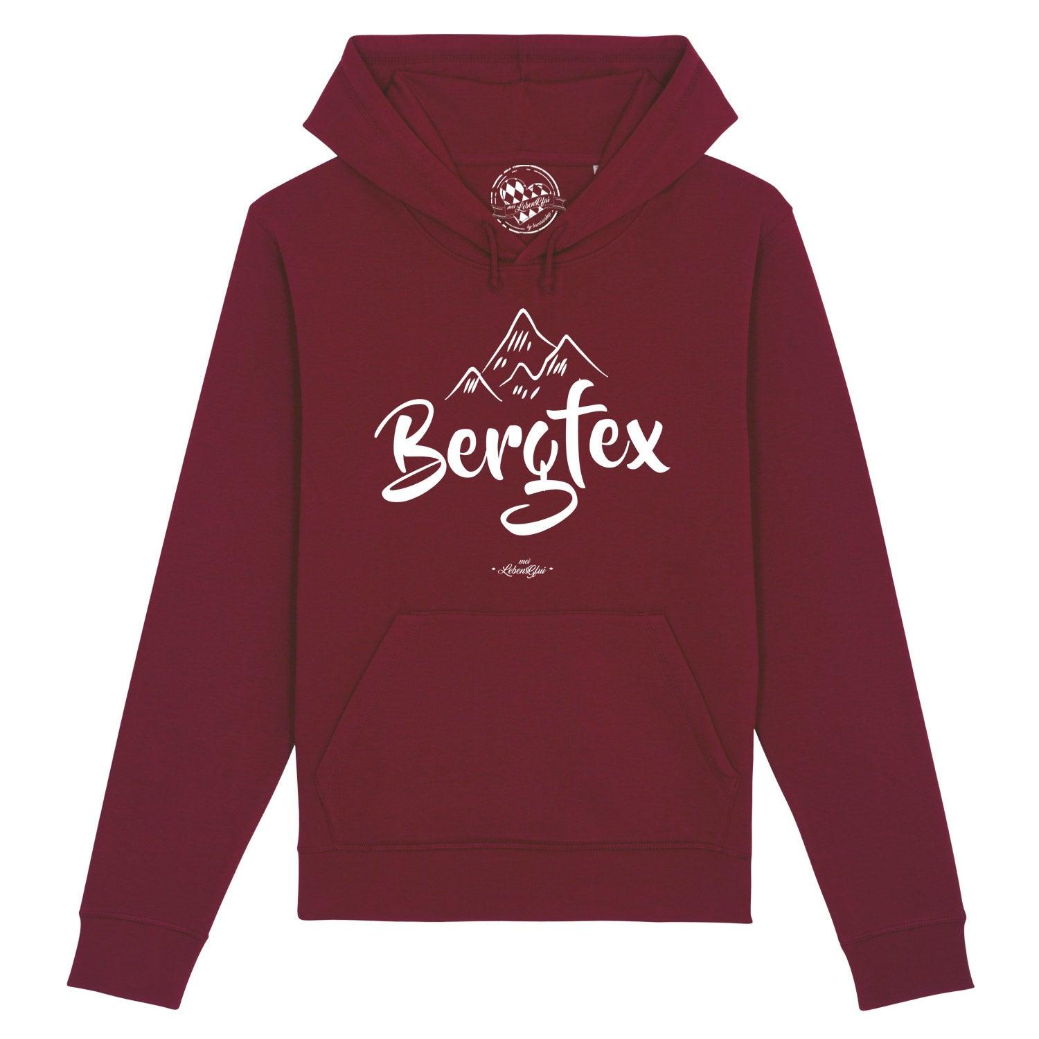 Dunkelblauer Herren-Hoodie mit Kapuze, Frontprint "Bergfex" und Kordelzug; aus Bio-Baumwolle und recyceltem Polyester.