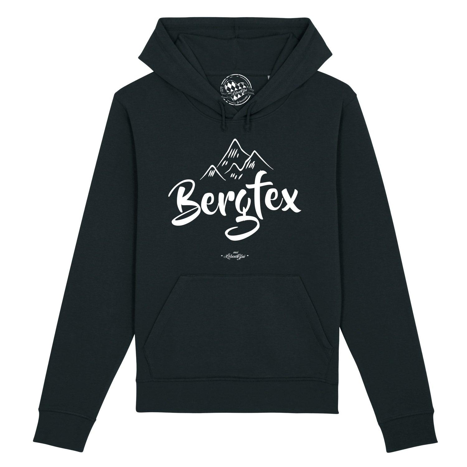 Dunkelgrauer Herren-Hoodie mit Kapuze, Frontdruck „Bergfex“, Kängurutasche, Bio-Baumwollmix.