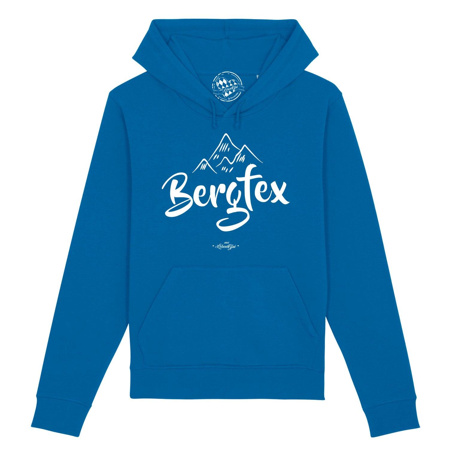 Dunkelblauer Herren-Hoodie mit Kapuze, Frontmotiv "Bergfex" in Weiß, Kängurutasche, Bio-Baumwolle-Mix.