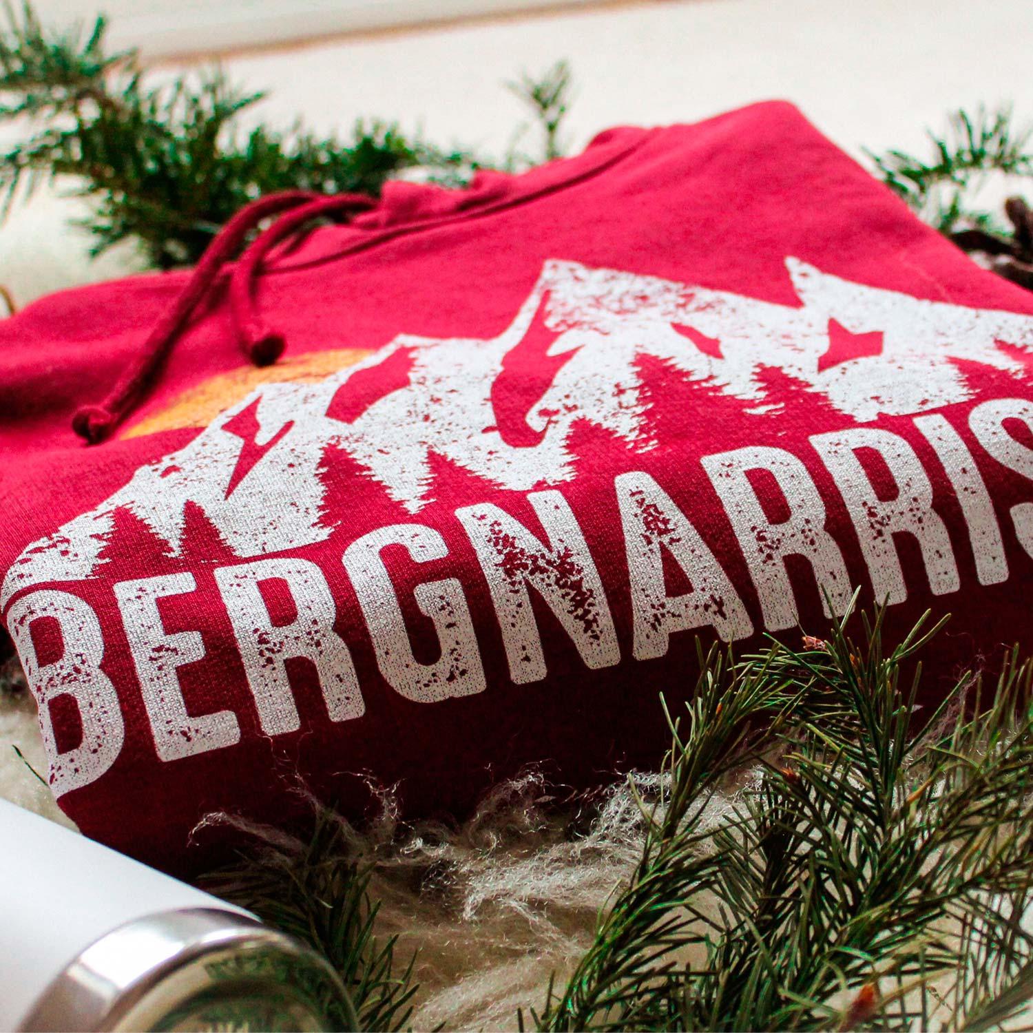 Dunkelblauer Herren Hoodie mit weißem "bergnarrisch"-Schriftzug, Kapuze, Kängurutasche, Bio-Baumwolle Mix.