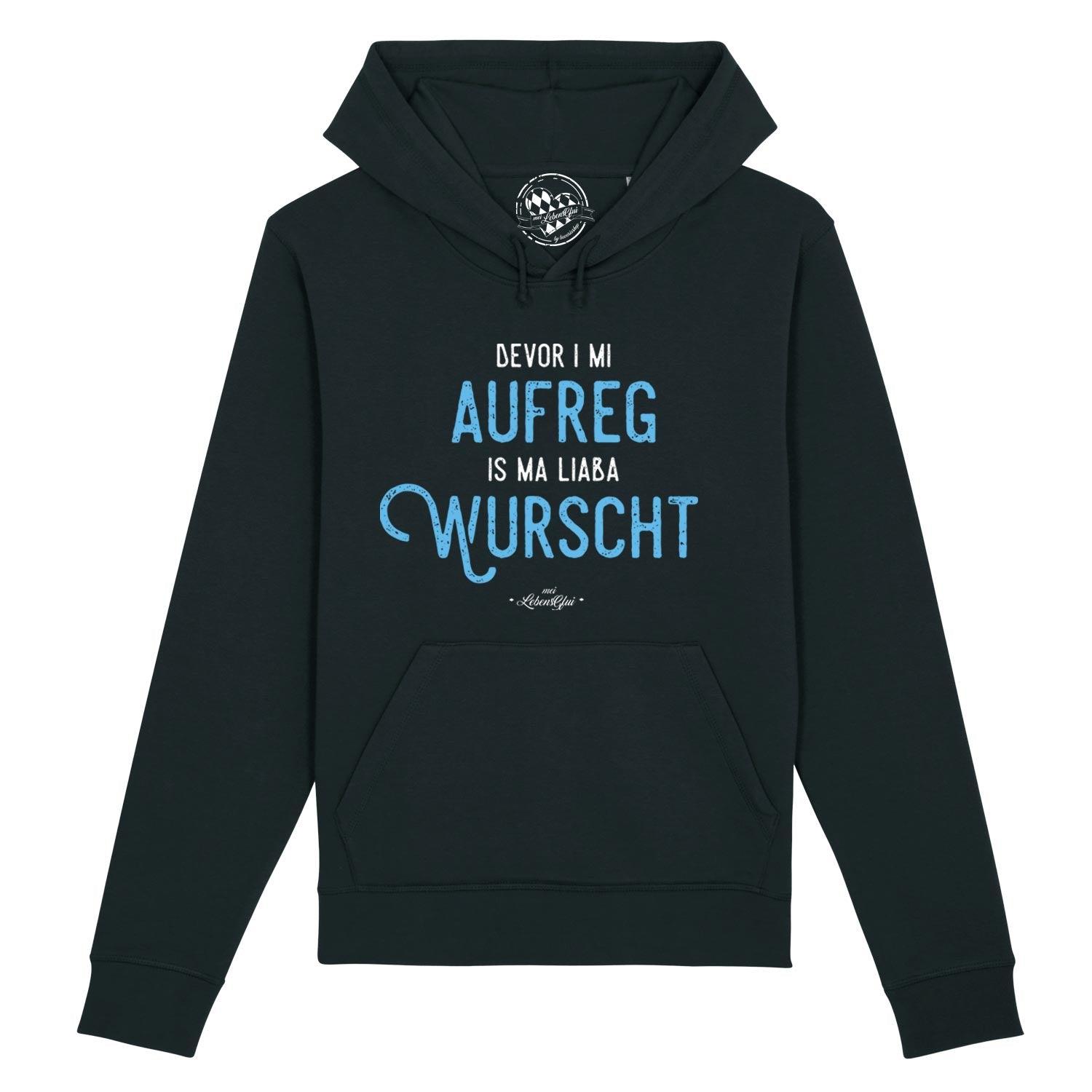 Herren Hoodie mit Frontdruck „Bevor i mi aufreg“, Kapuze, Kängurutasche, 85 % Bio-Baumwolle, 15 % Recycling-Polyester.