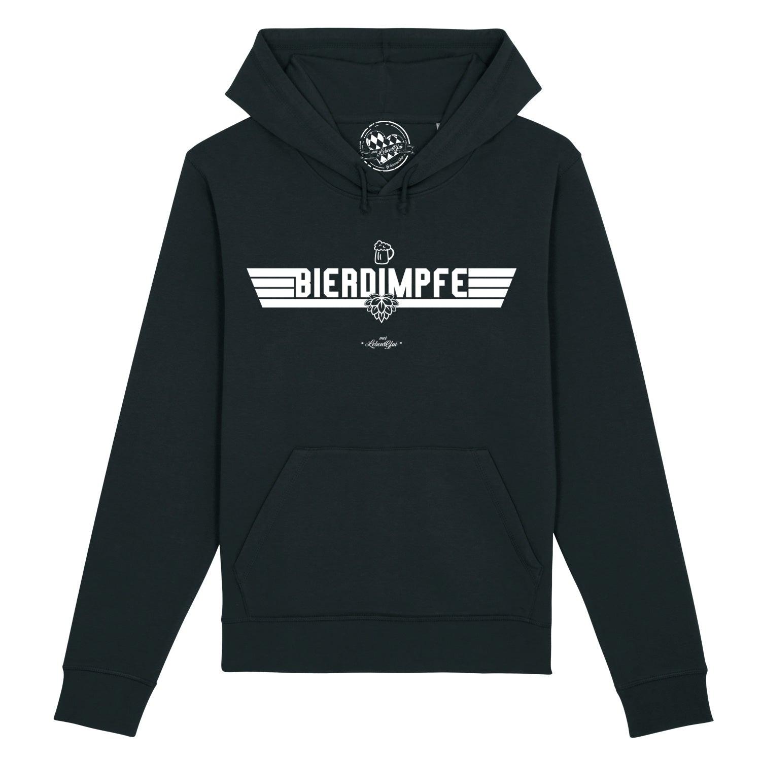 Dunkelgrauer Herren Hoodie mit Kapuze, Frontdruck "Bierdimpfe" in Weiß, aus Bio-Baumwolle und Recycling-Polyester.