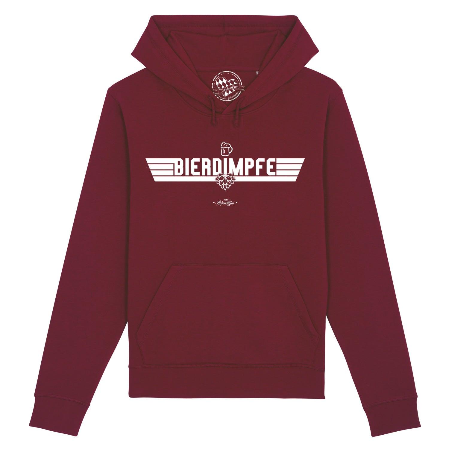 Dunkelblauer Herren-Hoodie mit weißem „Bierdimpfe“-Schriftzug, Kapuze, Kängurutasche, Baumwollmix.