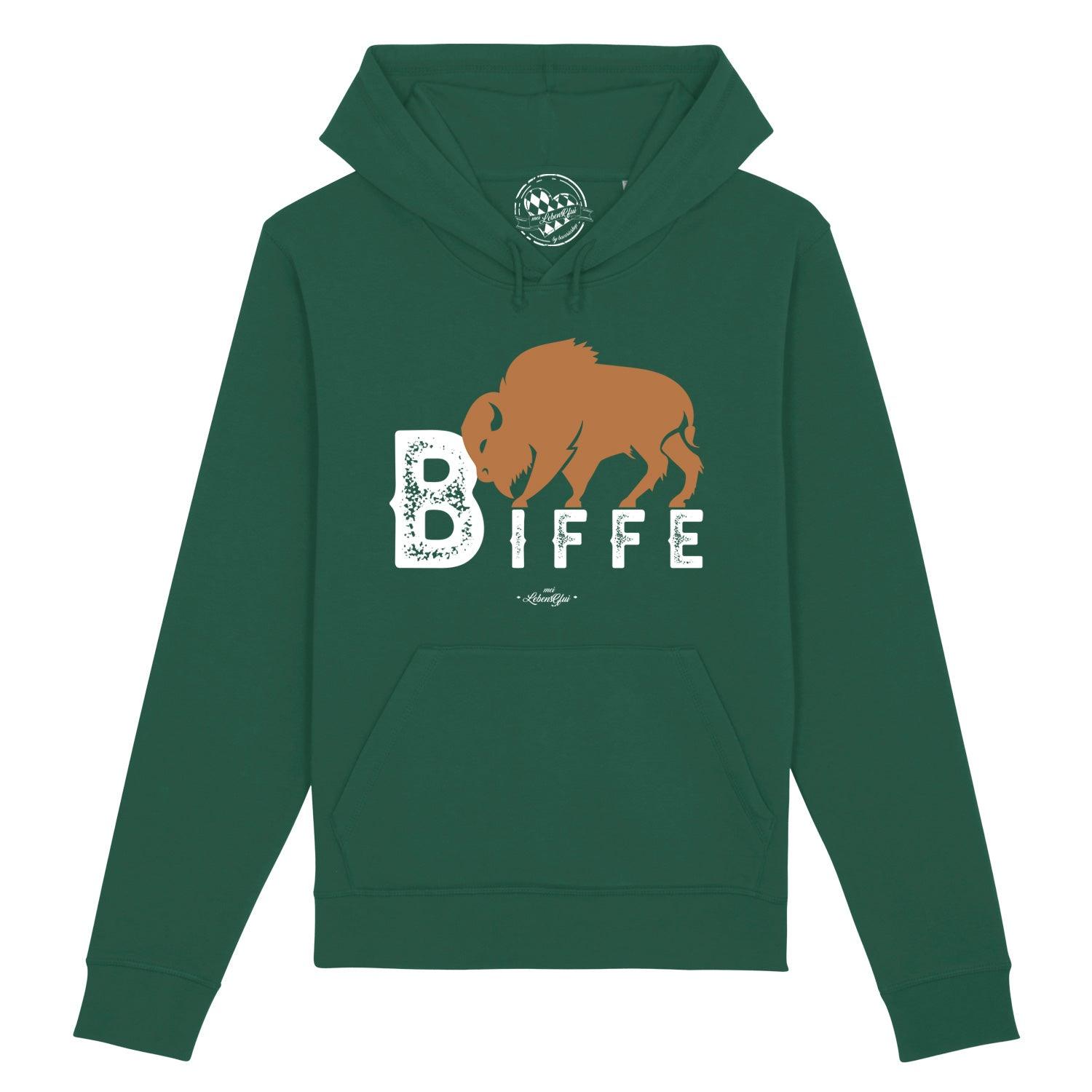 Dunkelblauer Herren-Hoodie mit weißem „Biffe“-Schriftzug, Kapuze, Kängurutasche, Bio-Baumwollmix, leicht taillierter Schnitt.