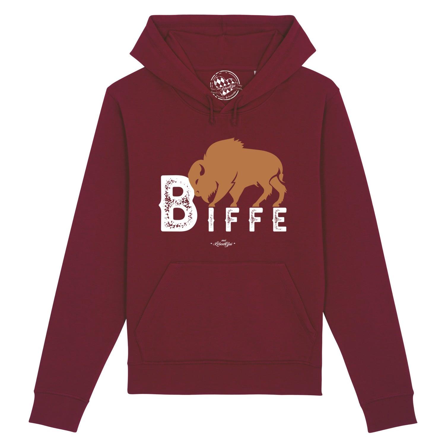 Dunkelblauer Herren-Hoodie mit Brust-Print "Biffe", Kapuze, Kängurutasche, Bio-Baumwollmix, hochwertiger Druck.