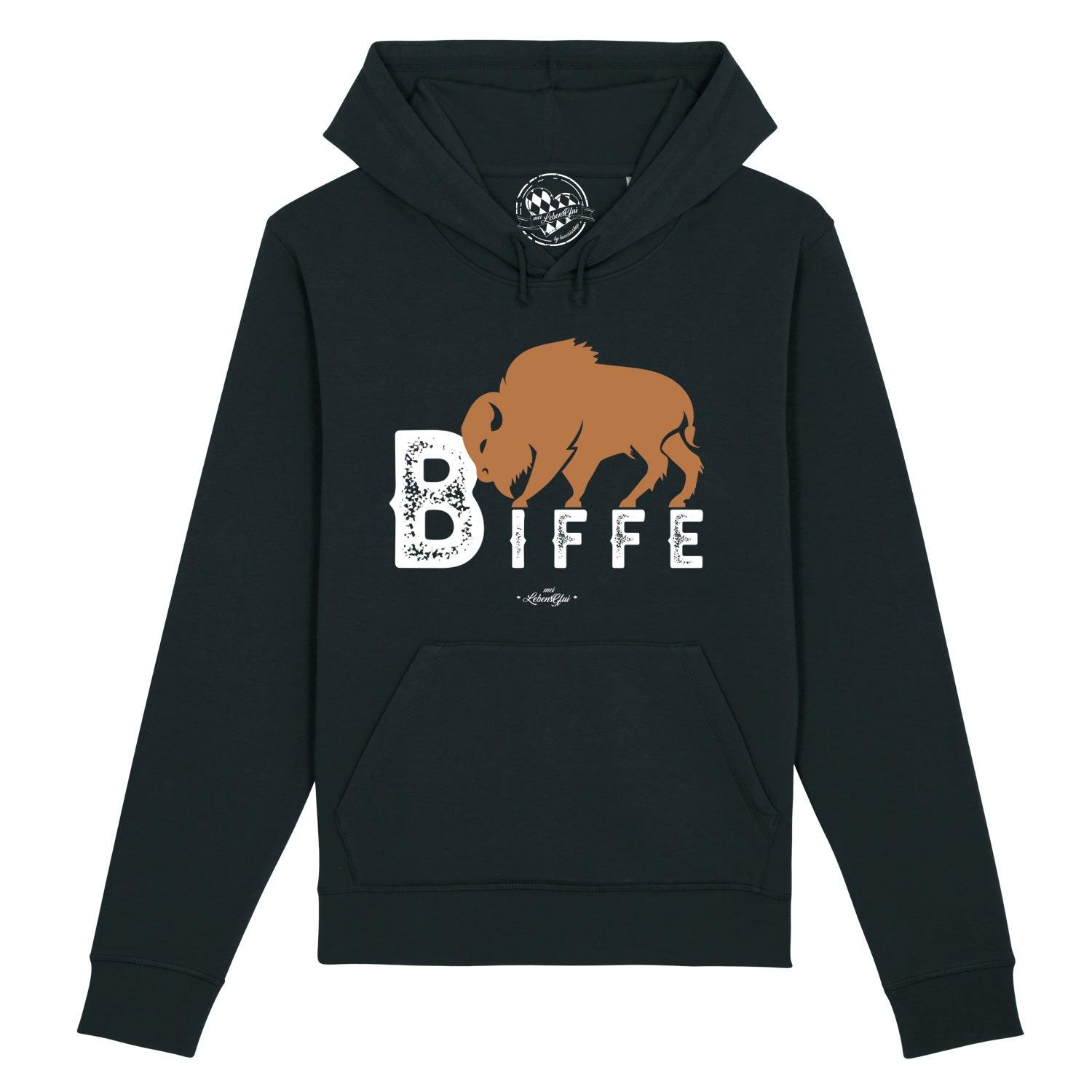 Grauer Herren-Hoodie mit Kapuze, Frontprint „Biffe“ in Weiß, aus Bio-Baumwolle und recyceltem Polyester.