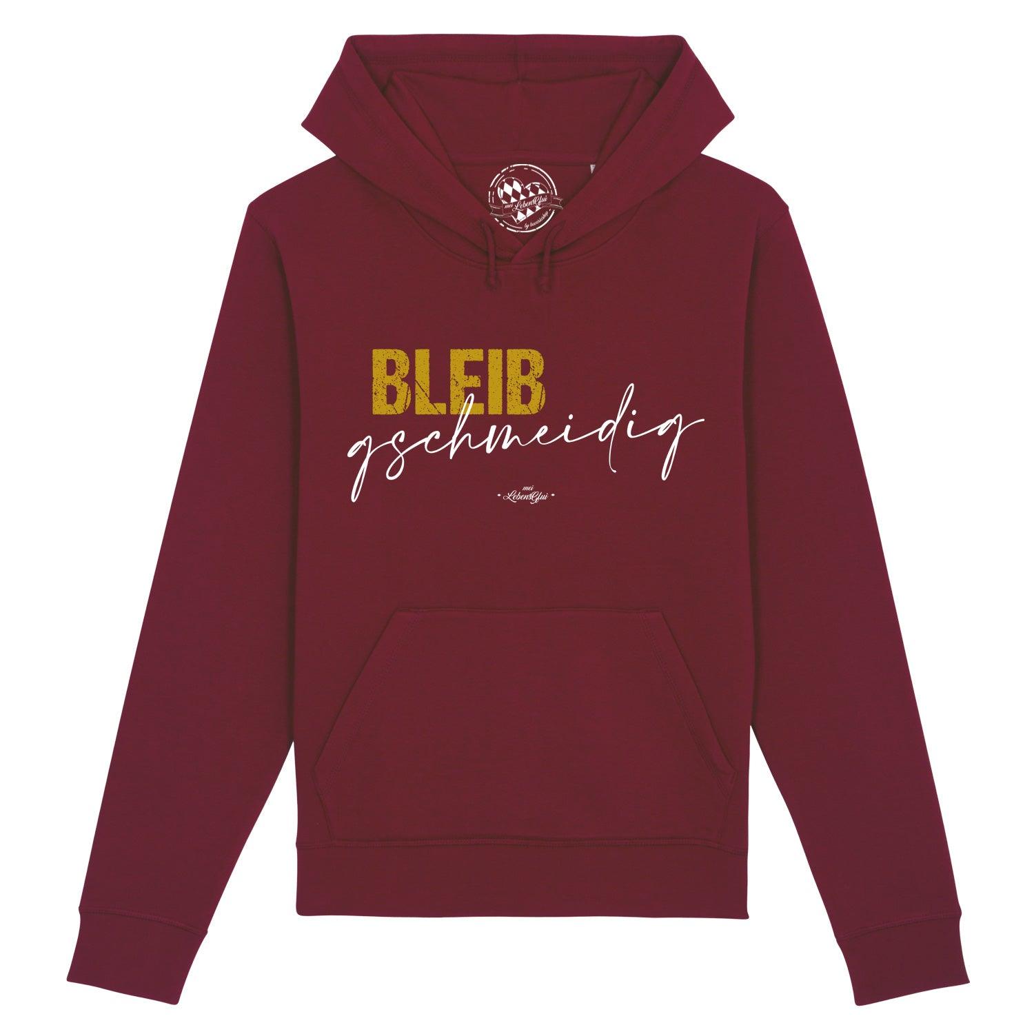 Dunkelblauer Herren-Hoodie mit Kapuze und weißem Schriftzug „Bleib gschmeidig“, aus Bio-Baumwollmix.