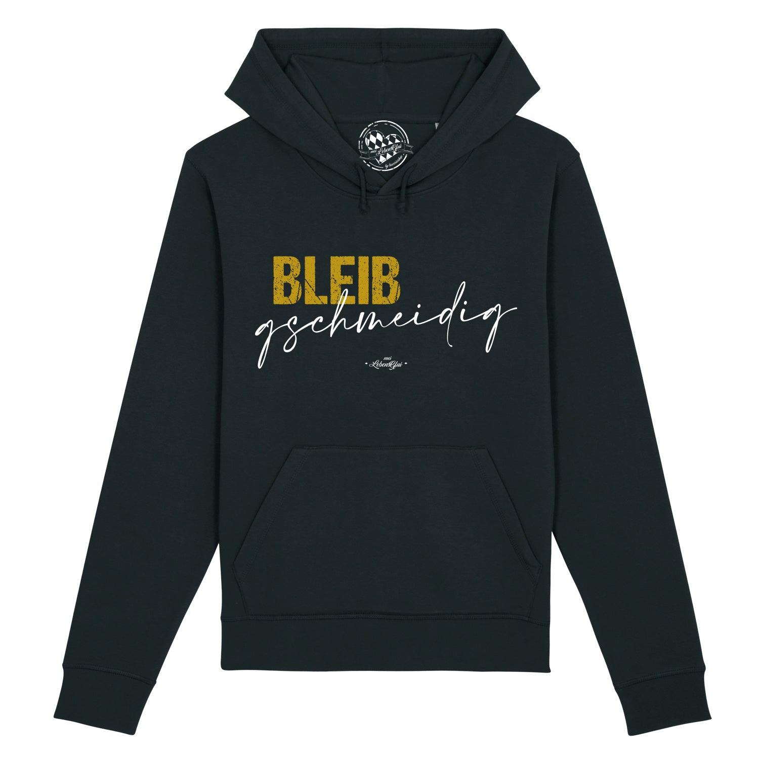 Grauer Herren-Hoodie mit Frontprint „Bleib gschmeidig“ in weiß, Kapuze, Kängurutasche, Bio-Baumwolle-Mix.