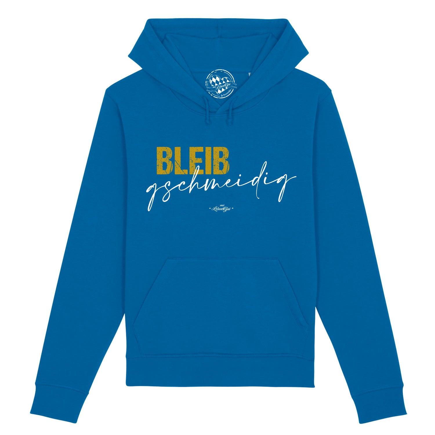 Grauer Herren Hoodie mit weißem Frontprint „Bleib gschmeidig“ in bayerischer Mundart, aus Bio-Baumwollmix.