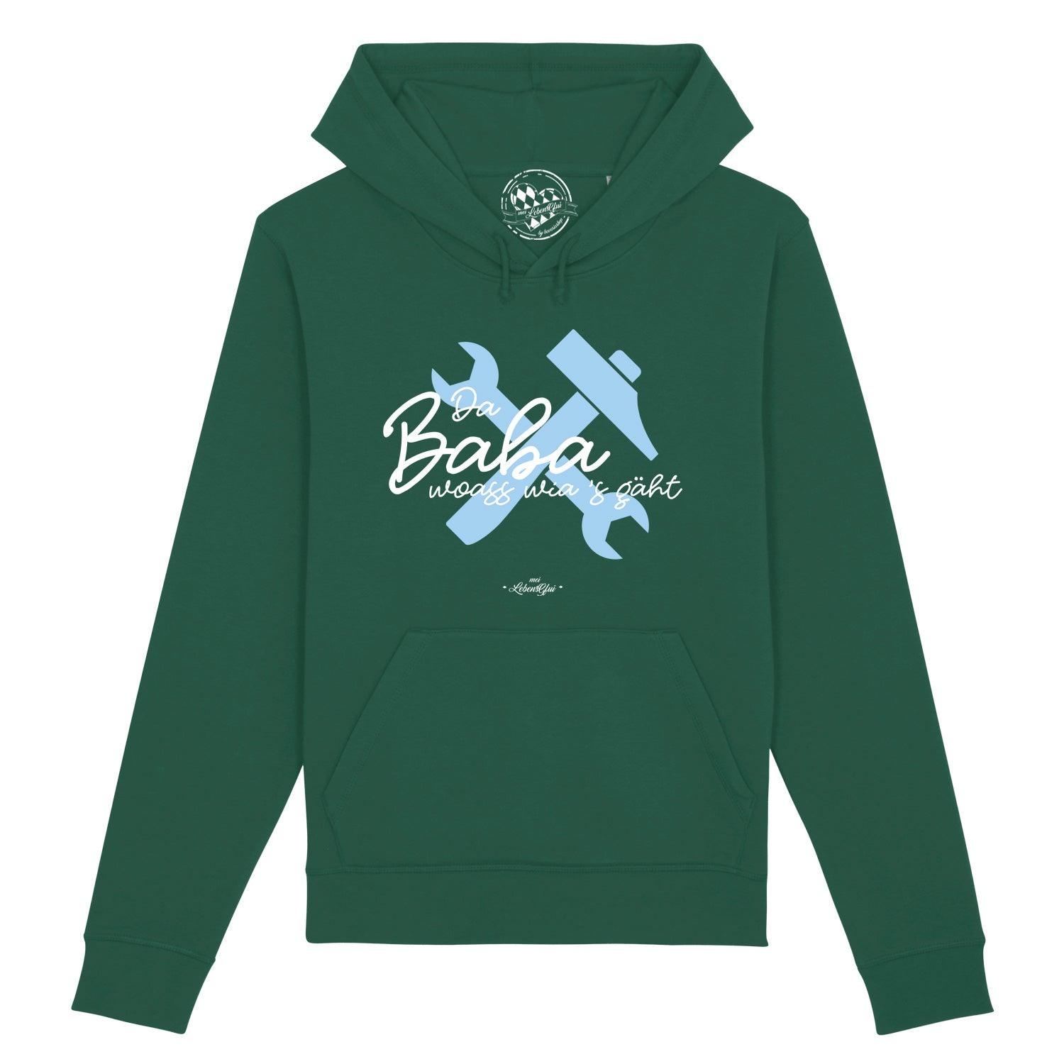 Dunkelblauer Herren-Hoodie mit weißem Frontprint „Da Baba woass wia’s gäht“, Kapuze und Kordelzug; Bio-Baumwollmix.