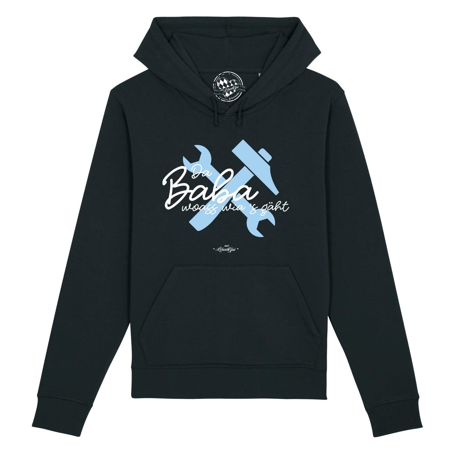 Dunkelgrauer Herren Hoodie mit weißem Brust-Schriftzug „Da Baba woass wia’s gäht“, Kapuze, Kängurutasche; Bio-Baumwollmix.