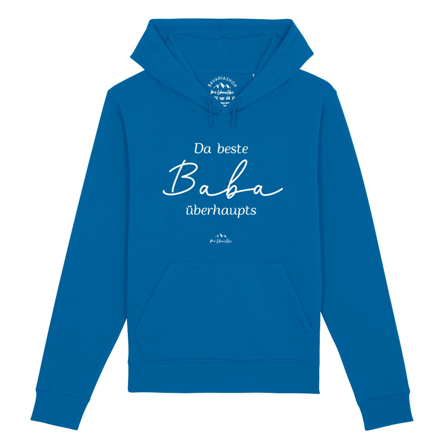 Herren Hoodie mit Kapuze, sichtbarem Front-Schriftzug „Da beste Baba übahaupts“, in Royalblau, aus Bio-Baumwollmix.