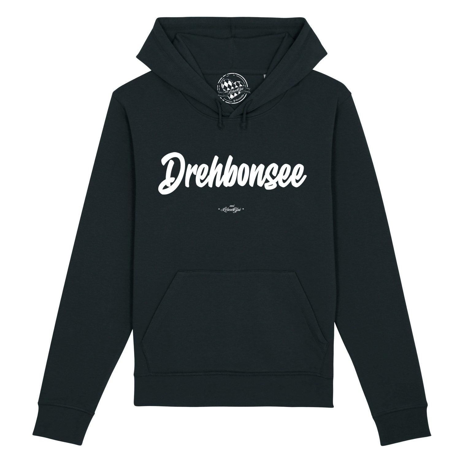 Dunkelblauer Herren Hoodie mit Print „Drehbonsee“, Kapuze, Kängurutasche und weißer Brustschrift aus Bio-Baumwolle.