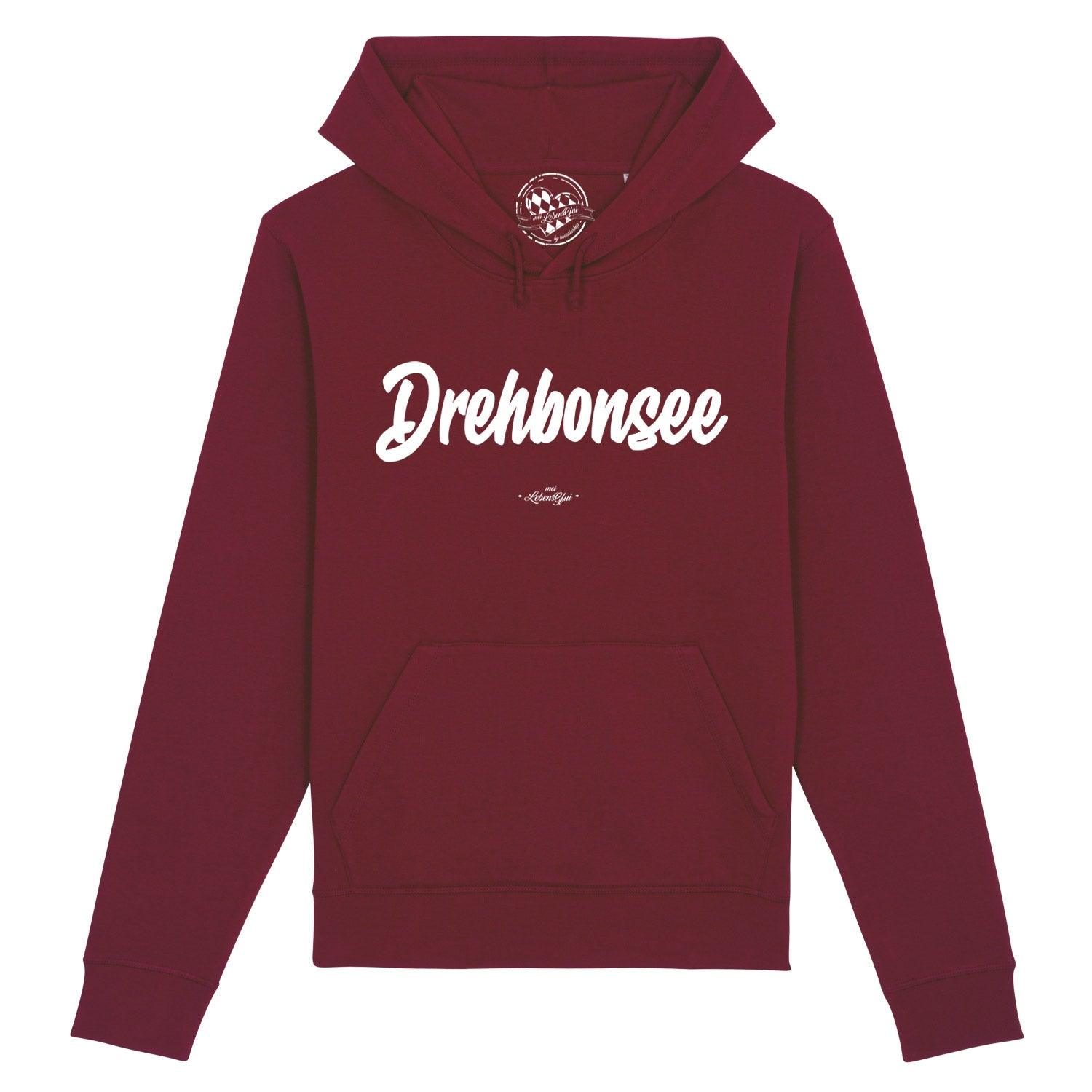 Darkgrüner Herren-Hoodie mit weißem „Drehbonsee“-Schriftzug, Kapuze, Kängurutasche; Bio-Baumwolle & Recycling-Polyester.