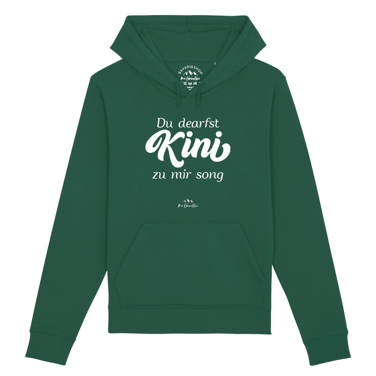 Dunkelgrüner Herren-Hoodie mit Kapuze, Frontdruck „Du deafst Kini zu mir sogn“, Kängurutasche, aus Bio-Baumwolle.